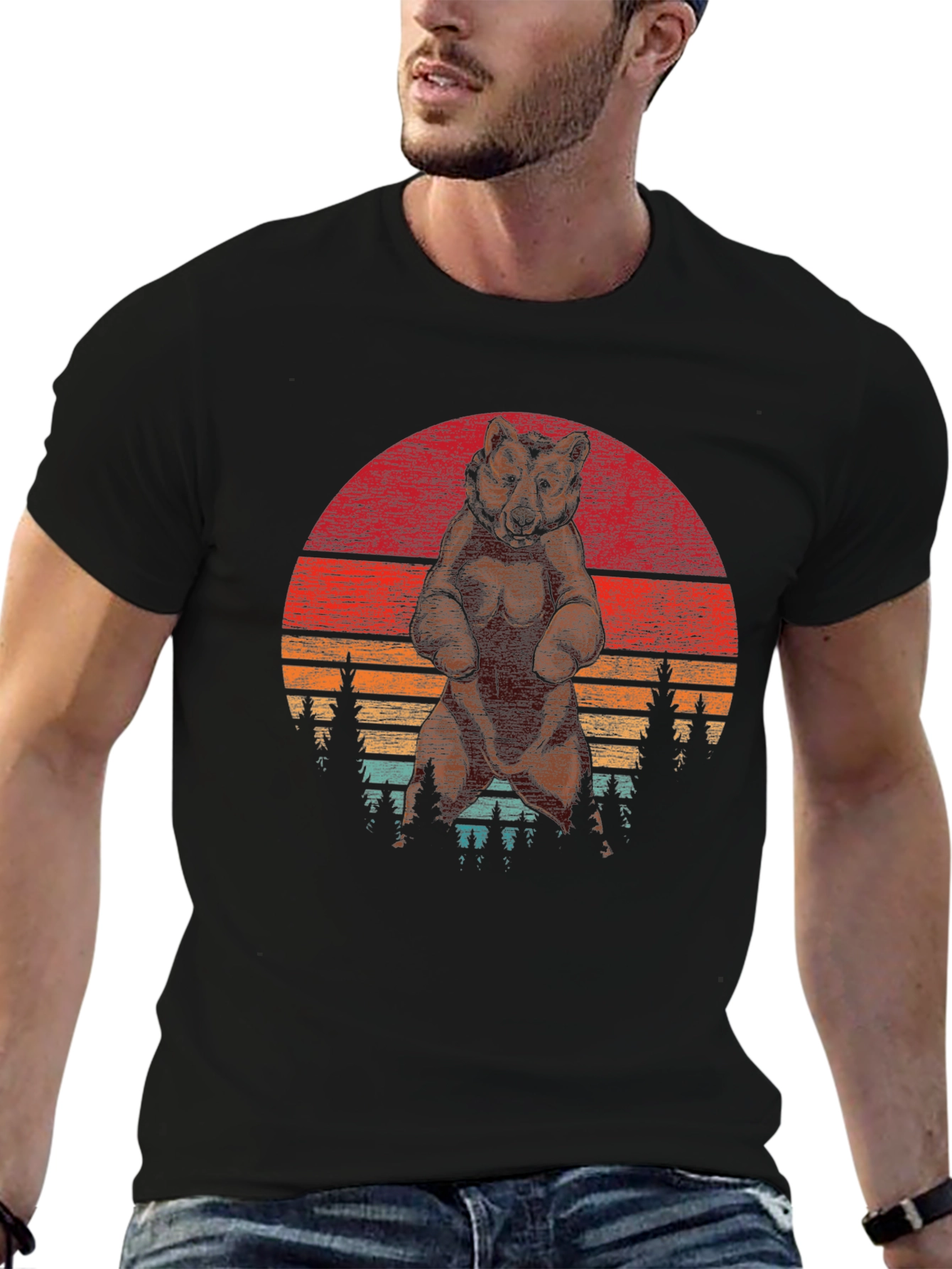 Black Retro Bear Sunset T-Shirt - Vintage Style Design view 6
