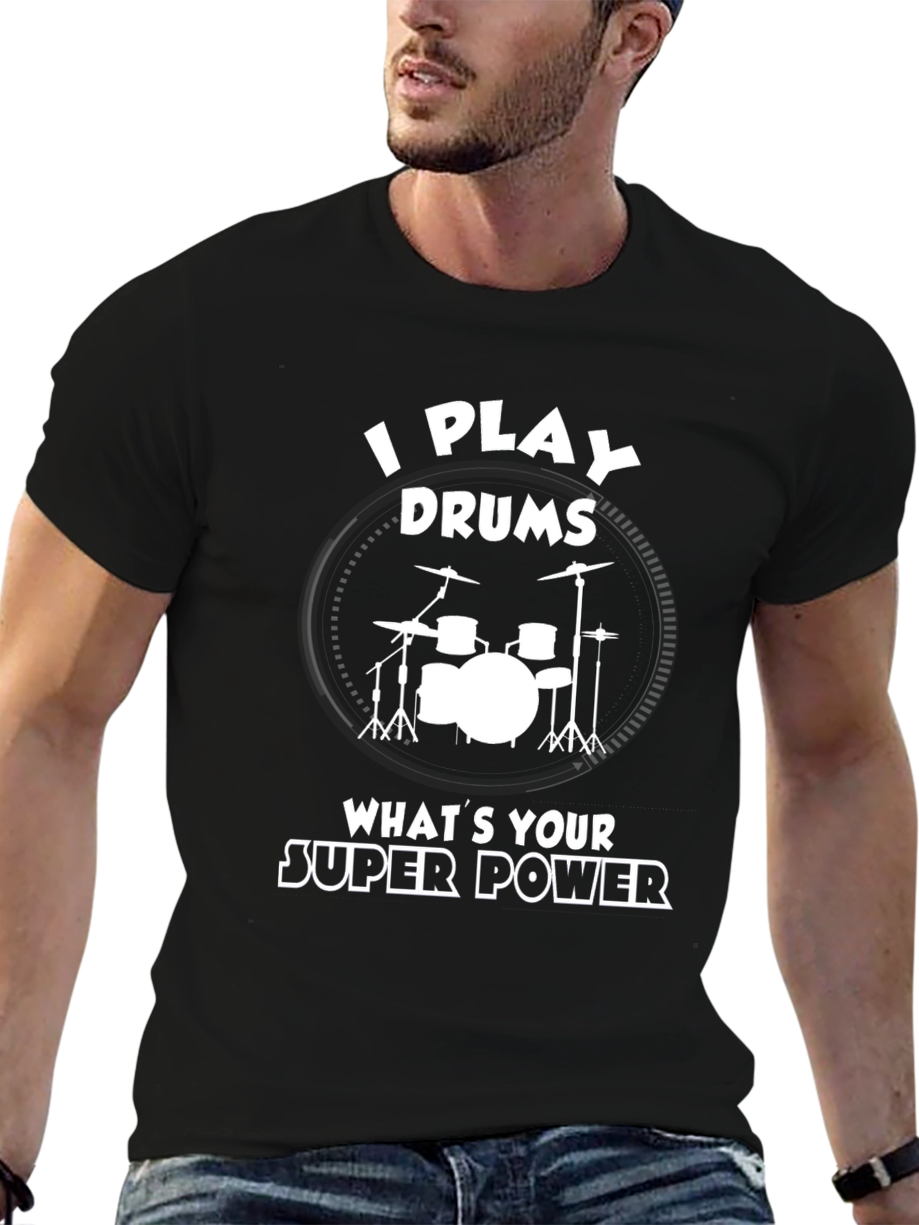 Black I Play Drums Super Power T-Shirt view 6