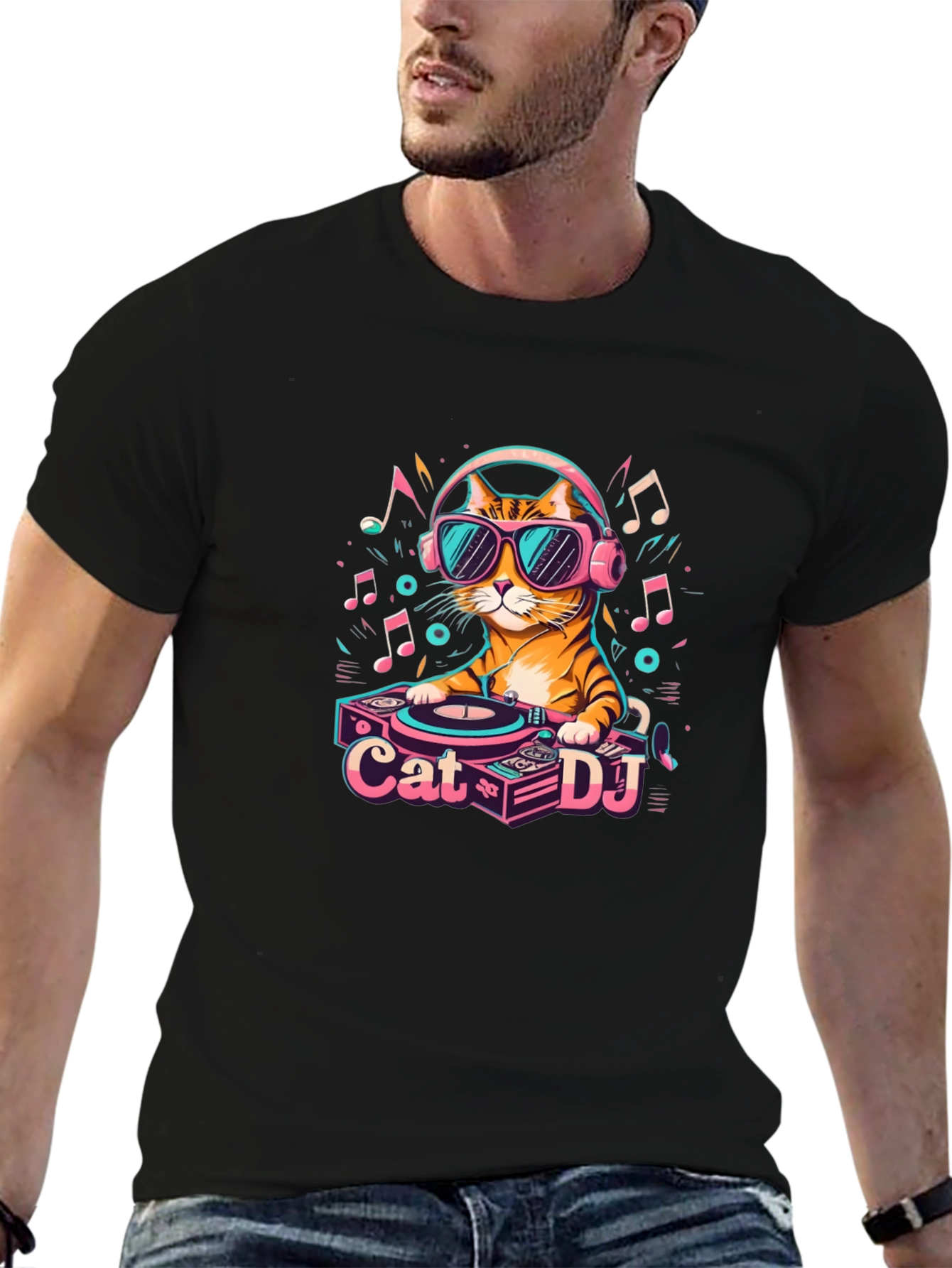 Black Cool Cat DJ Graphic T-Shirt - Unisex view 6