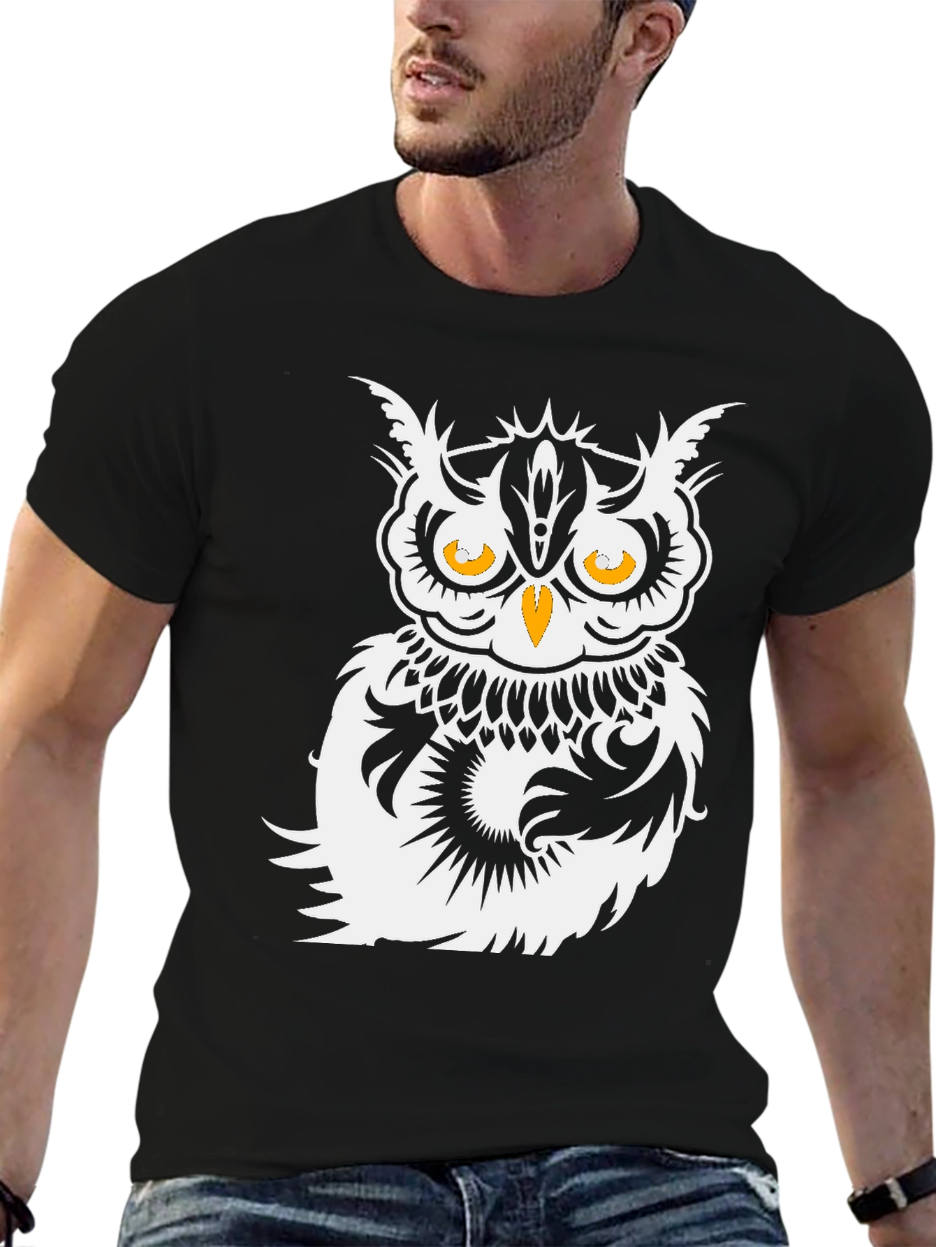 Black Stylish Owl Graphic Print Black T-Shirt view 6