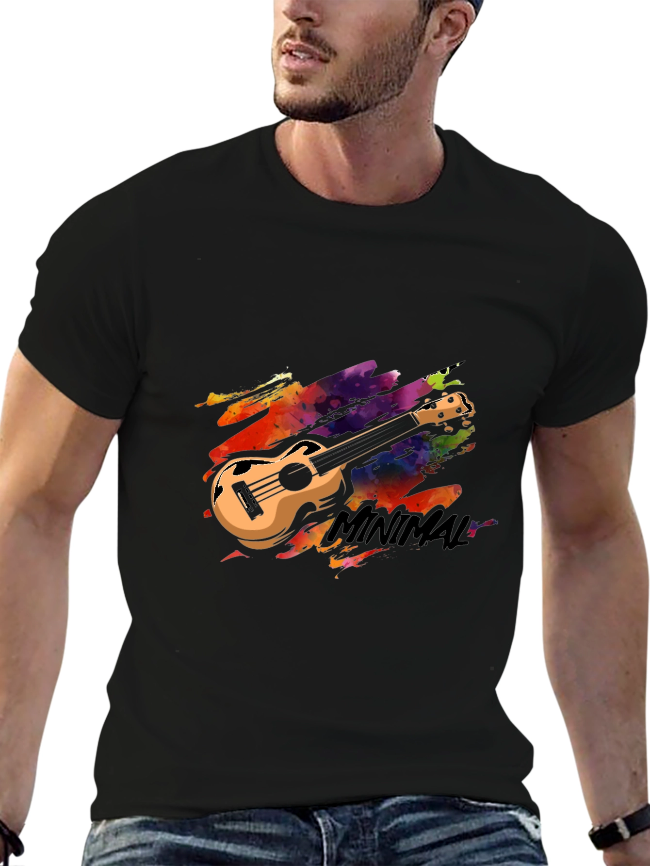 Black Minimal Ukulele Graphic Tee - Stylish Black T-Shirt view 6
