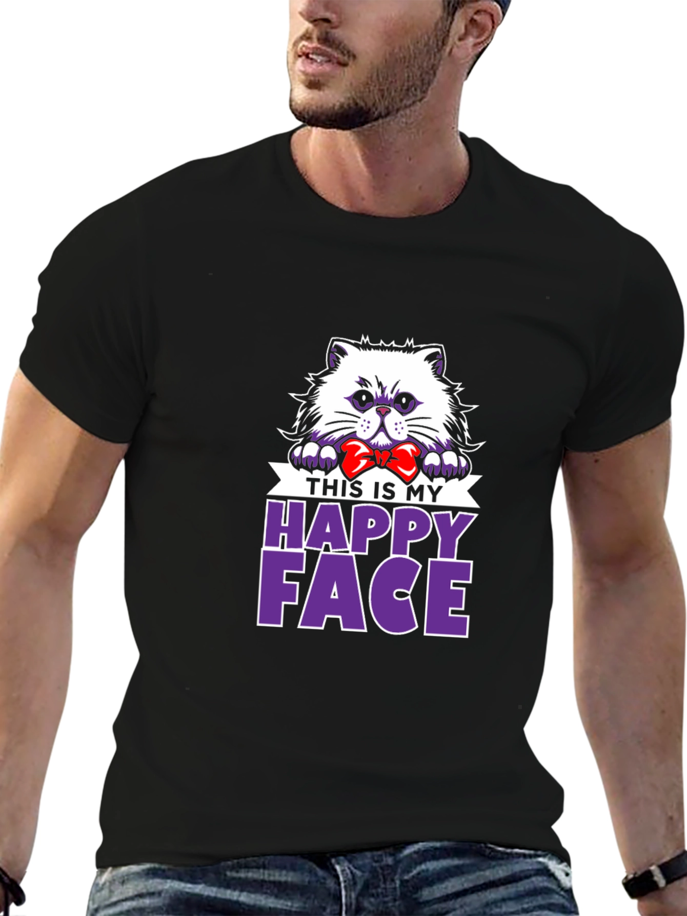 Black Happy Face Cat T-Shirt - Funny Pet Lover Tee view 6