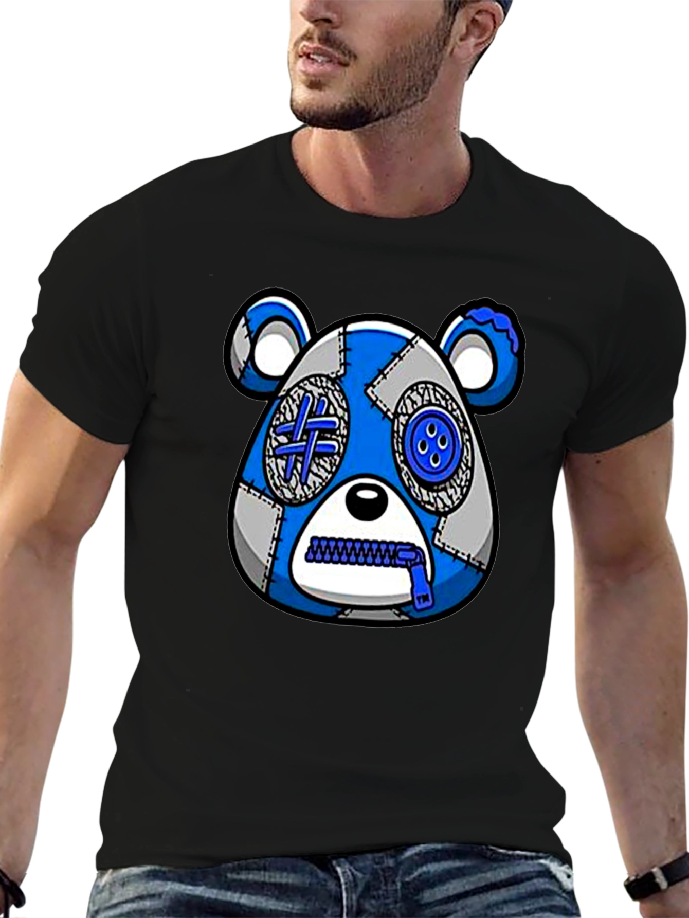 Black Unique Bear Graphic Print Crew Neck T-Shirt view 6