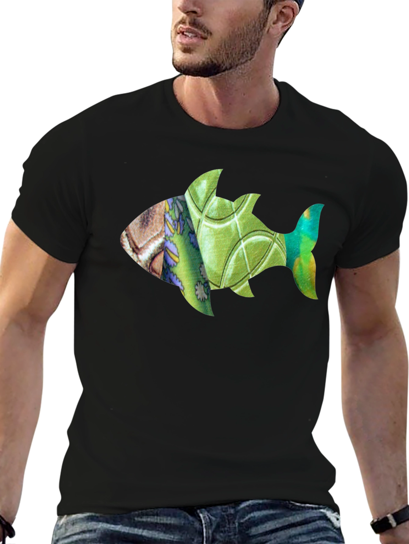 Black Artistic Fish Print Black T-Shirt view 6