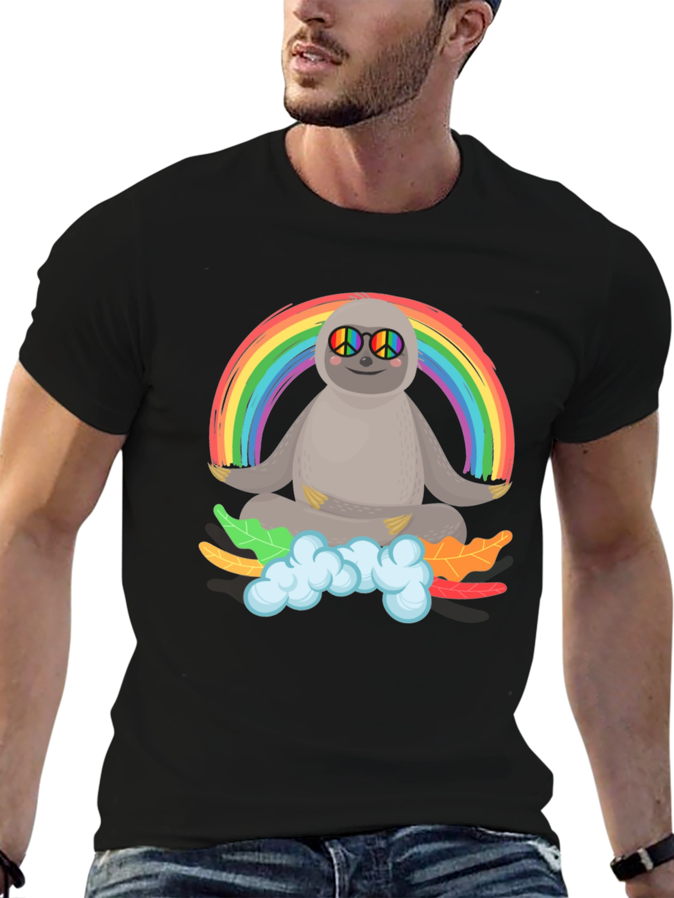 Black Sloth Rainbow Peace T-Shirt view 6
