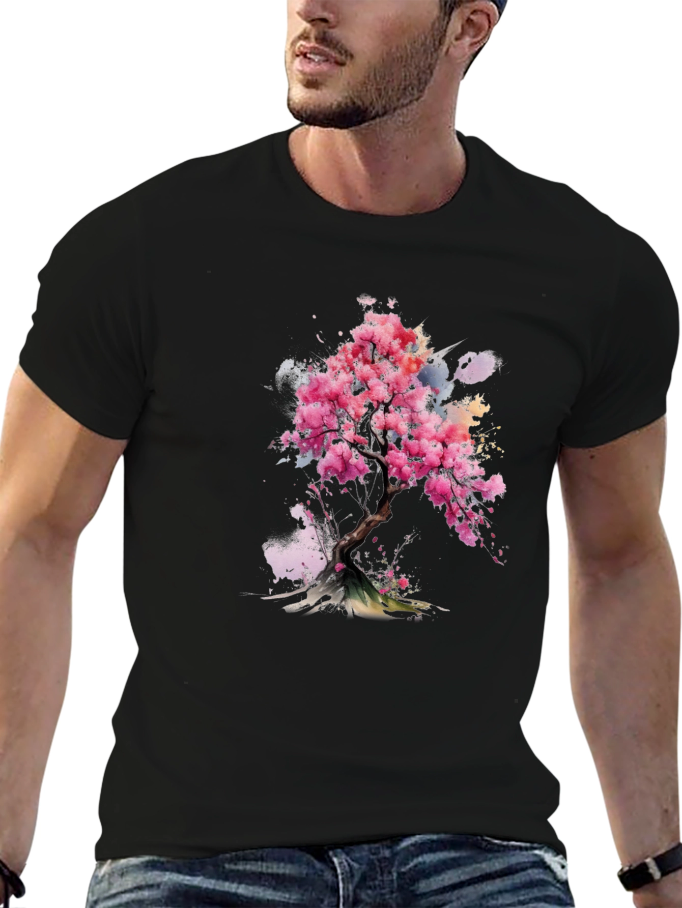 Black Sakura Blossom Tee - Artistic Floral Print view 6