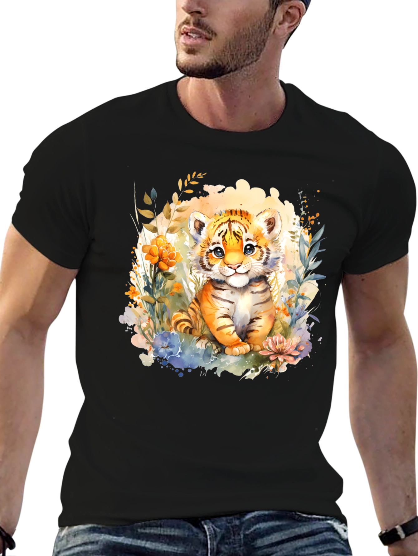Black Cute Tiger Cub Floral Graphic T-Shirt view 6