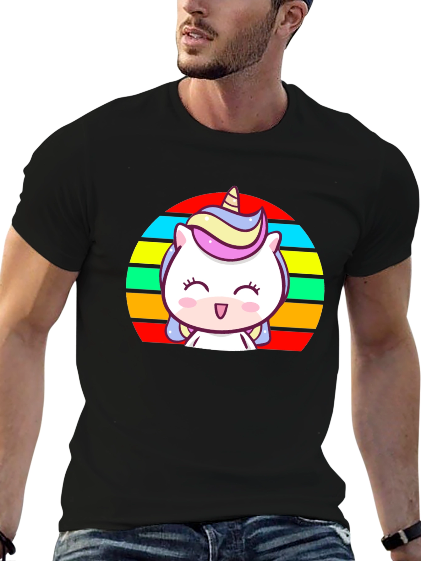 Black Cute Unicorn Rainbow T-Shirt view 6