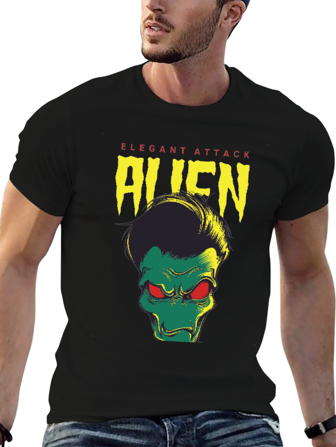 Black Elegant Attack Alien Graphic Tee - Black view 6
