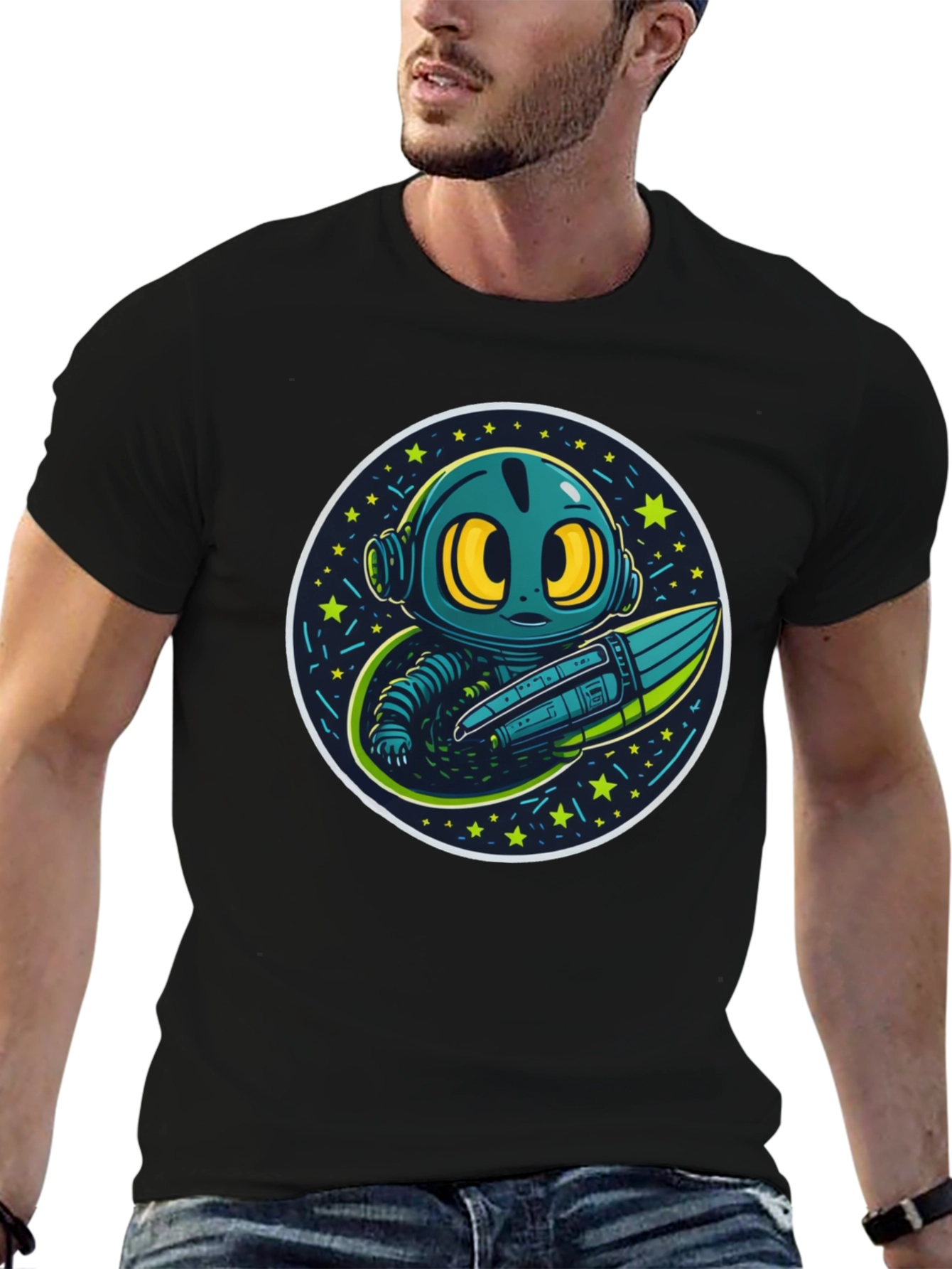 Black Cartoon Alien Rocket Black T-Shirt view 6