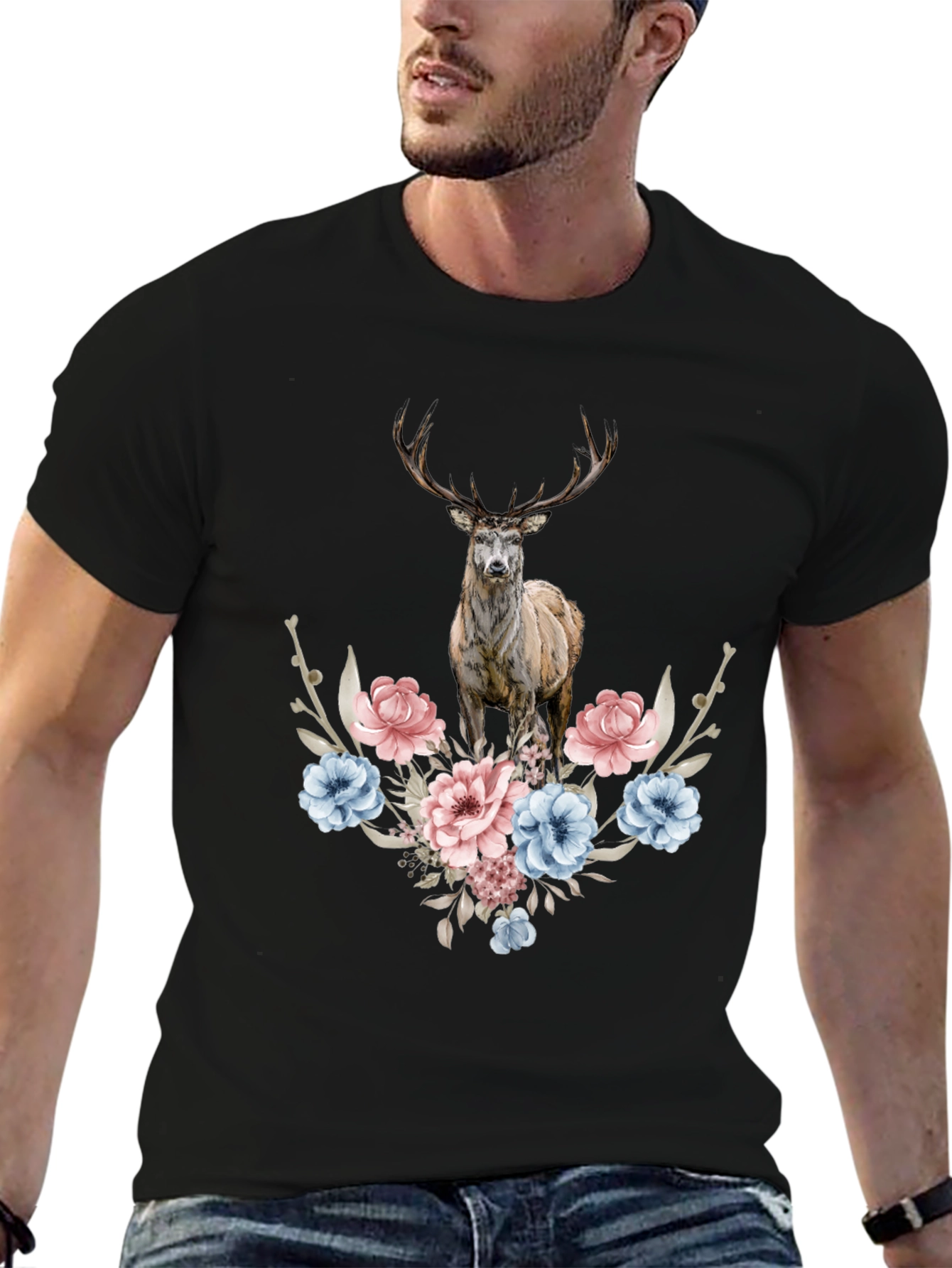 Black Floral Deer Graphic Tee - Men's Black T-Shirt view 6
