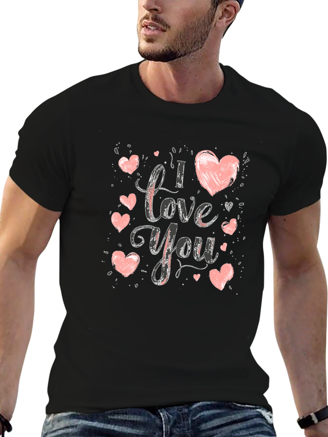 Black I Love You Graphic Print Crew Neck T-Shirt view 6