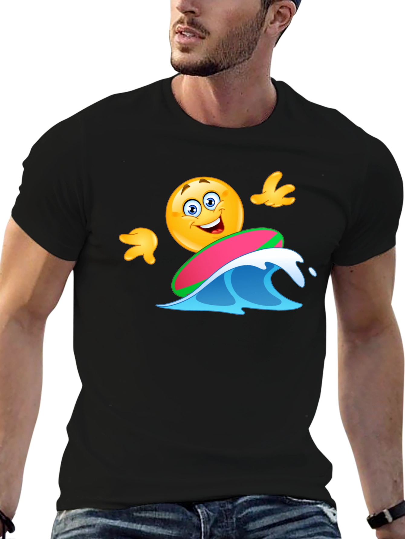 Black Surfing Emoji T-Shirt - Fun Graphic Tee view 6