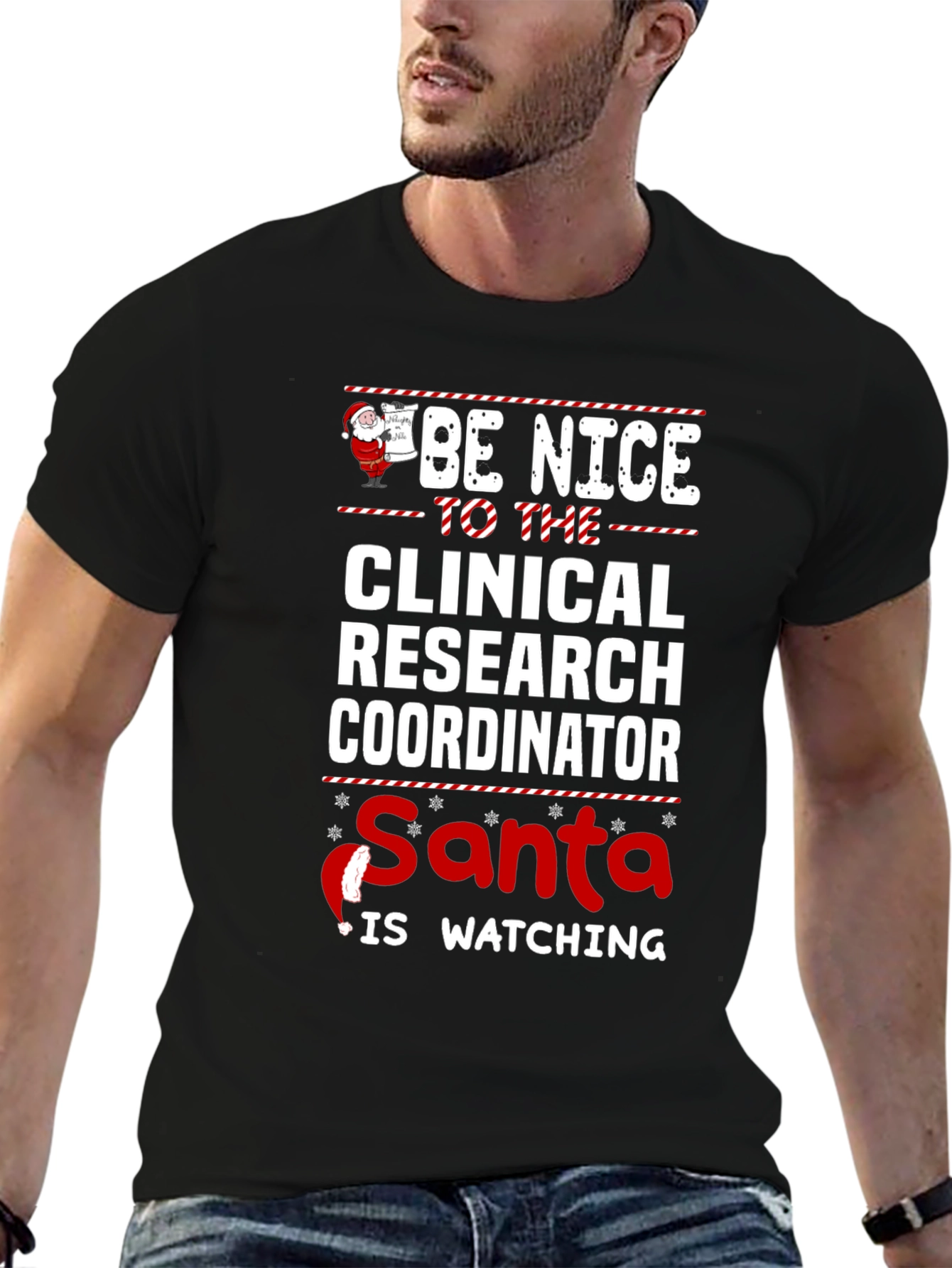 Black Clinical Research Coordinator Santa is Watching T-Shirt view 6