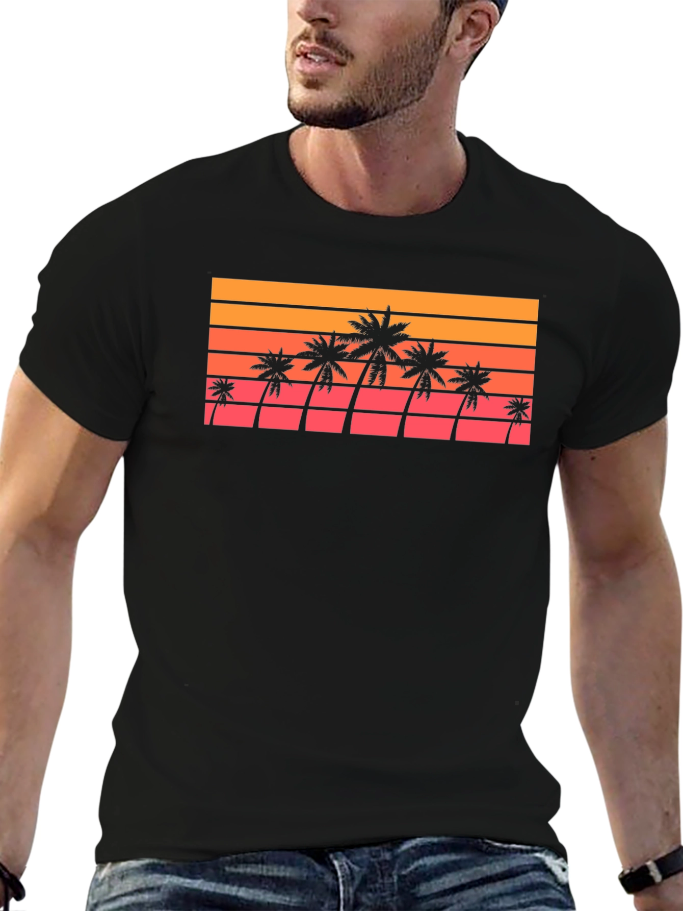 Black Retro Palm Tree Sunset T-Shirt view 6