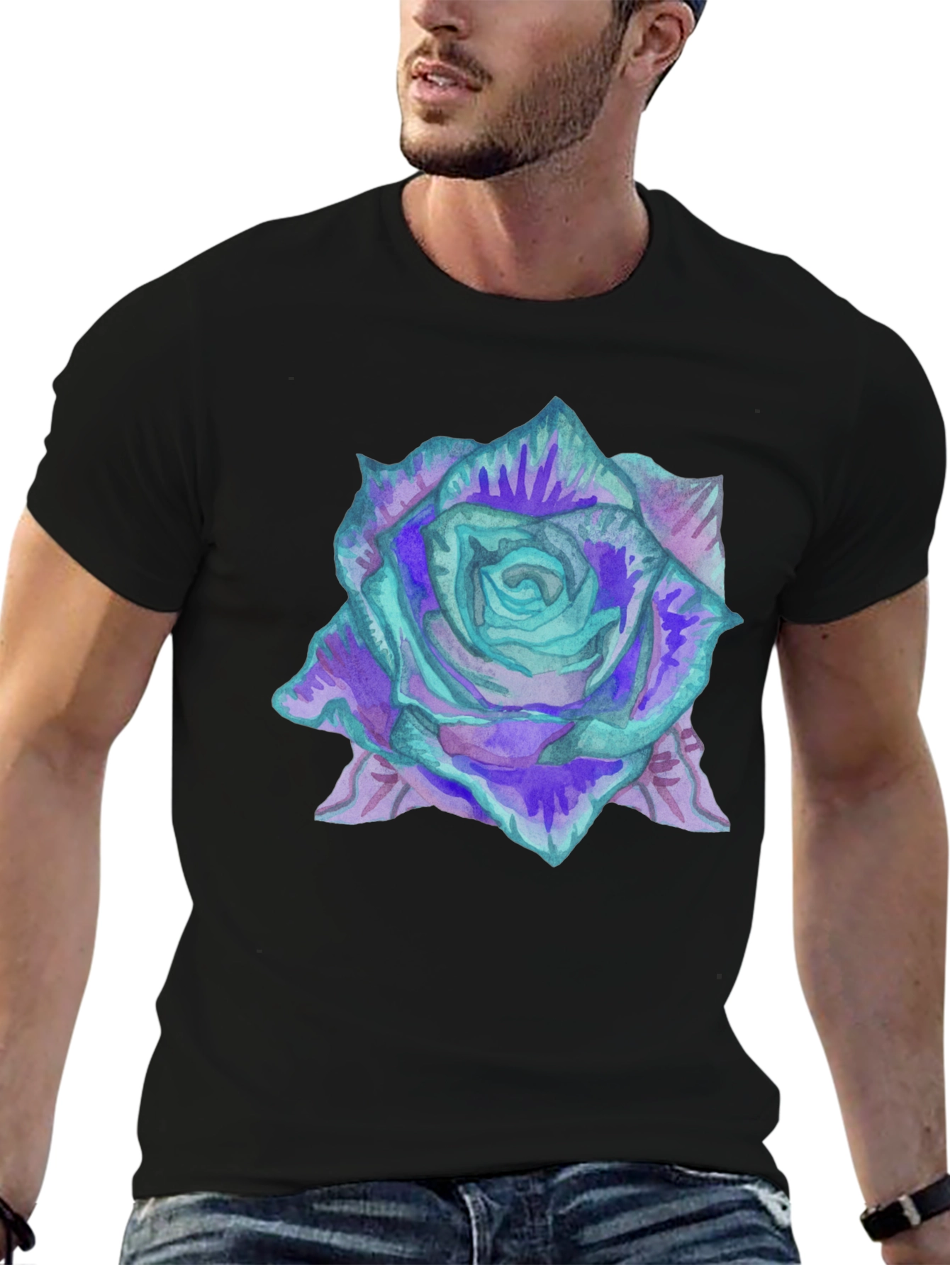 Black Watercolor Rose Print Black Tee view 6