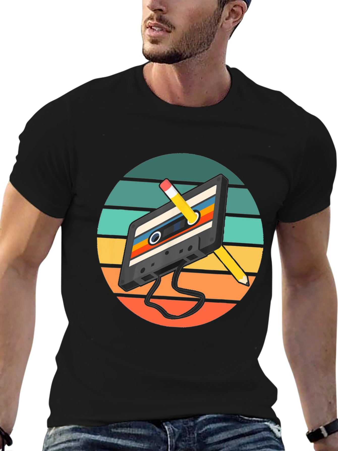 Black Retro Cassette Tape & Pencil Graphic Tee view 6