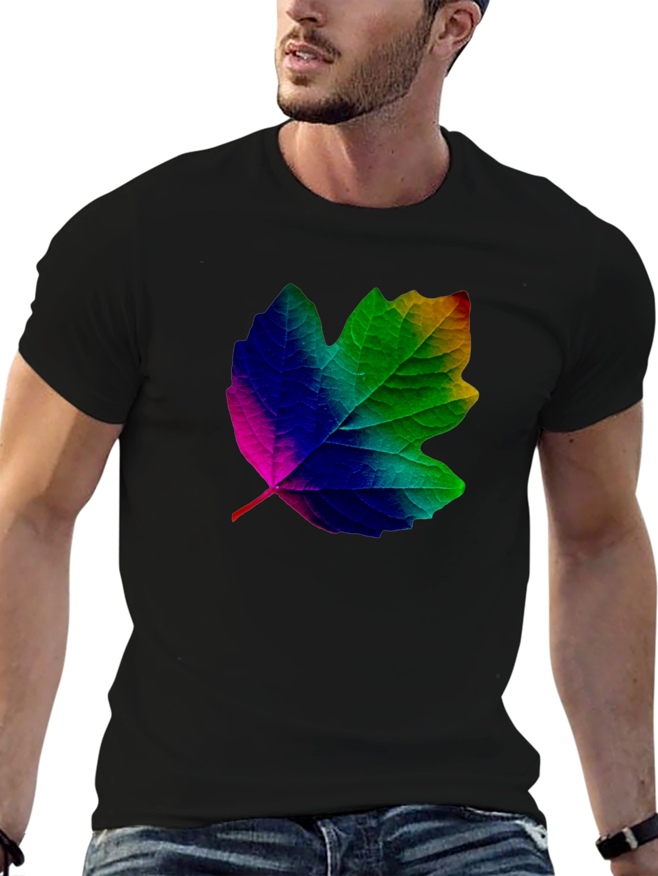 Black Rainbow Leaf Graphic T-Shirt - Unique Design view 6