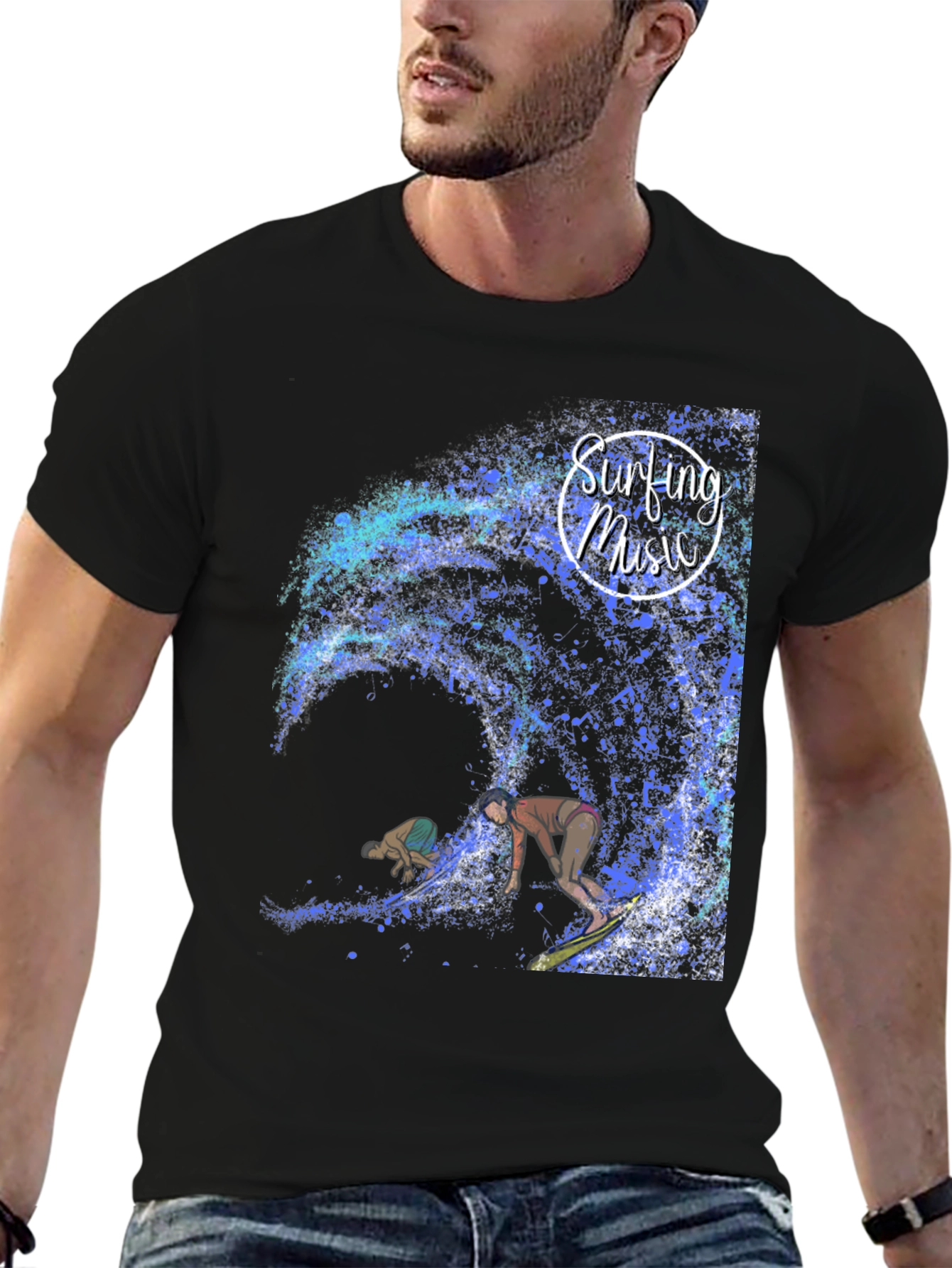 Black Surfing Music Graphic Tee - Wave Rider Shirt view 6