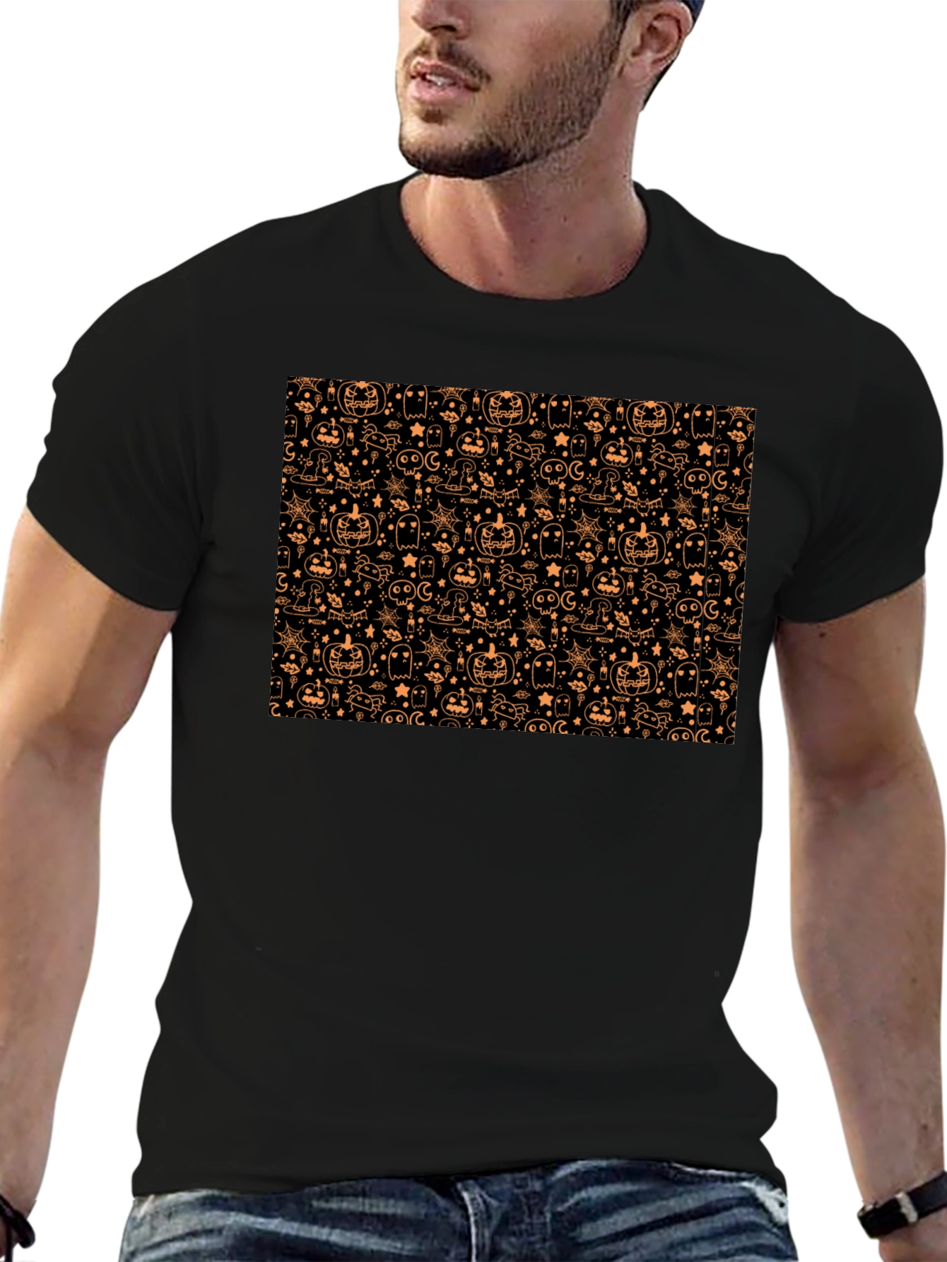 Black Halloween Pattern T-Shirt - Spooky Season Style view 6
