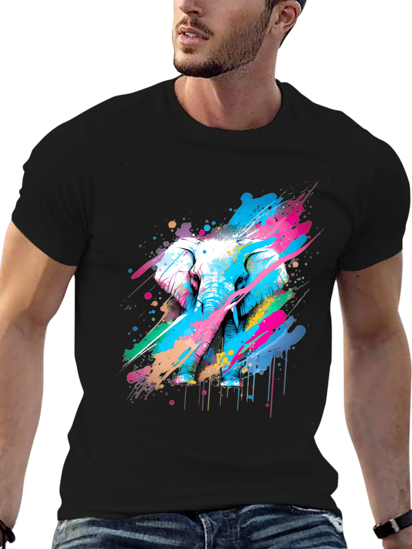 Black Colorful Elephant Graphic T-Shirt - Artistic Design view 6