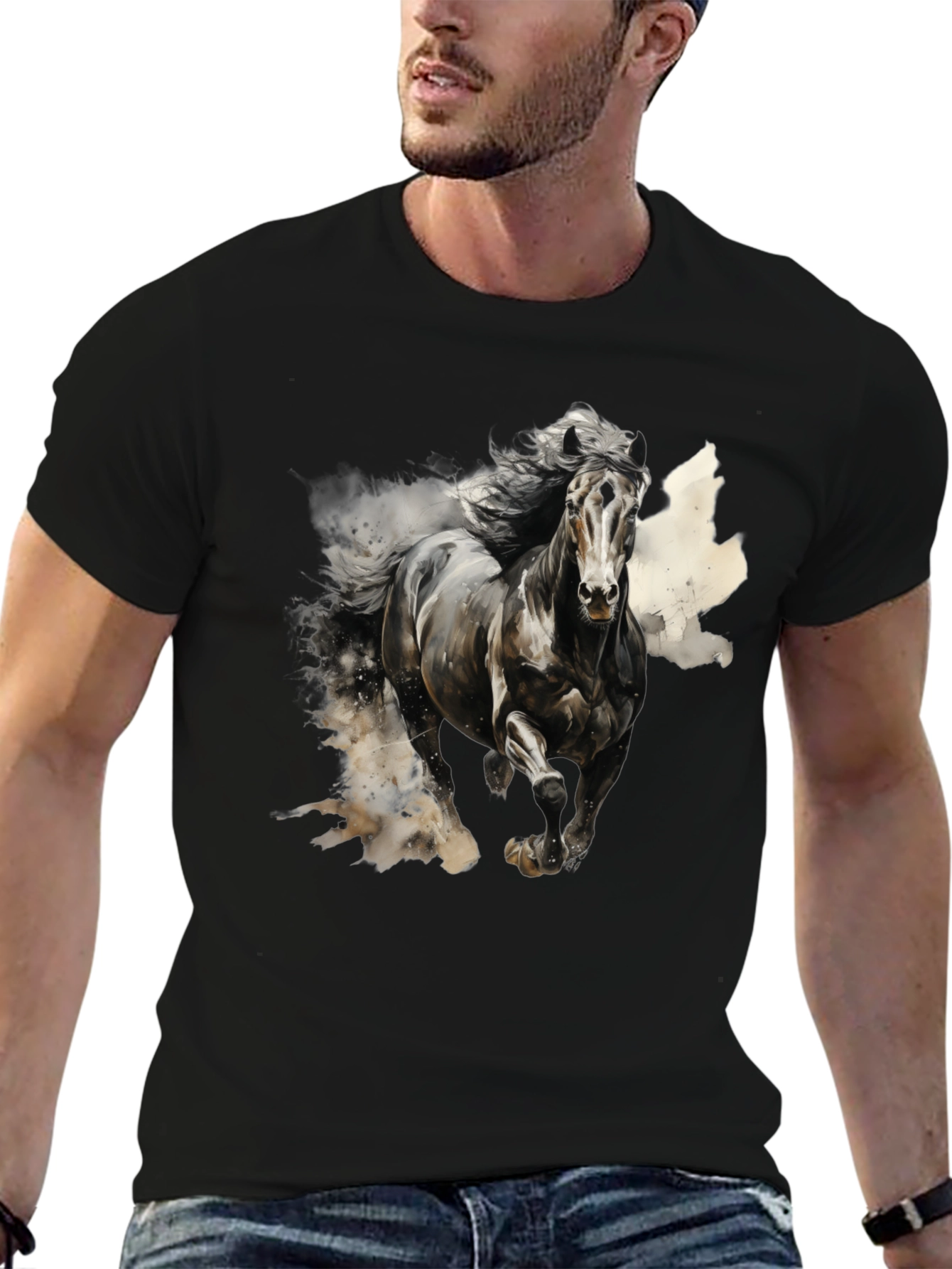 Black Majestic Horse Graphic Tee - Black Cotton Blend view 6