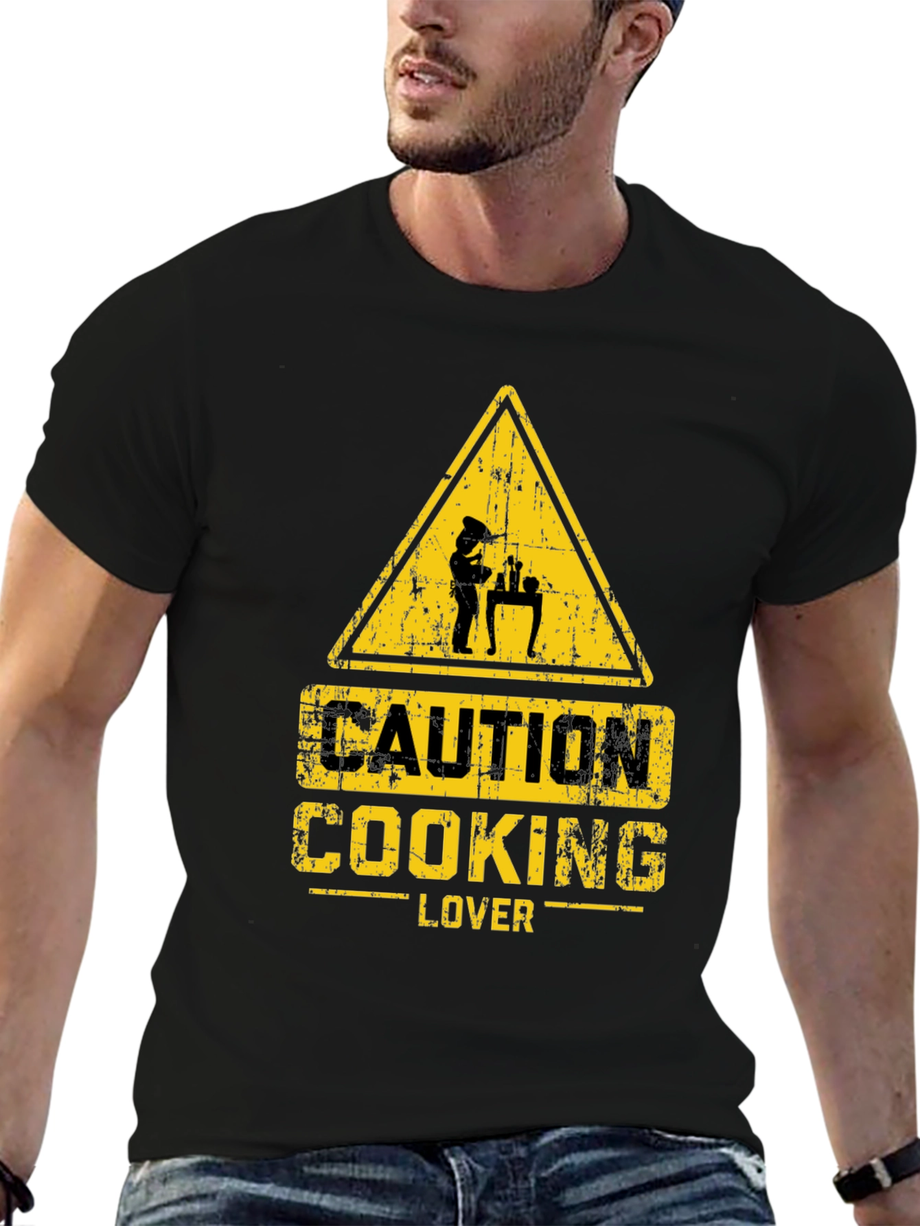 Black Caution Cooking Lover T-Shirt - Black view 6