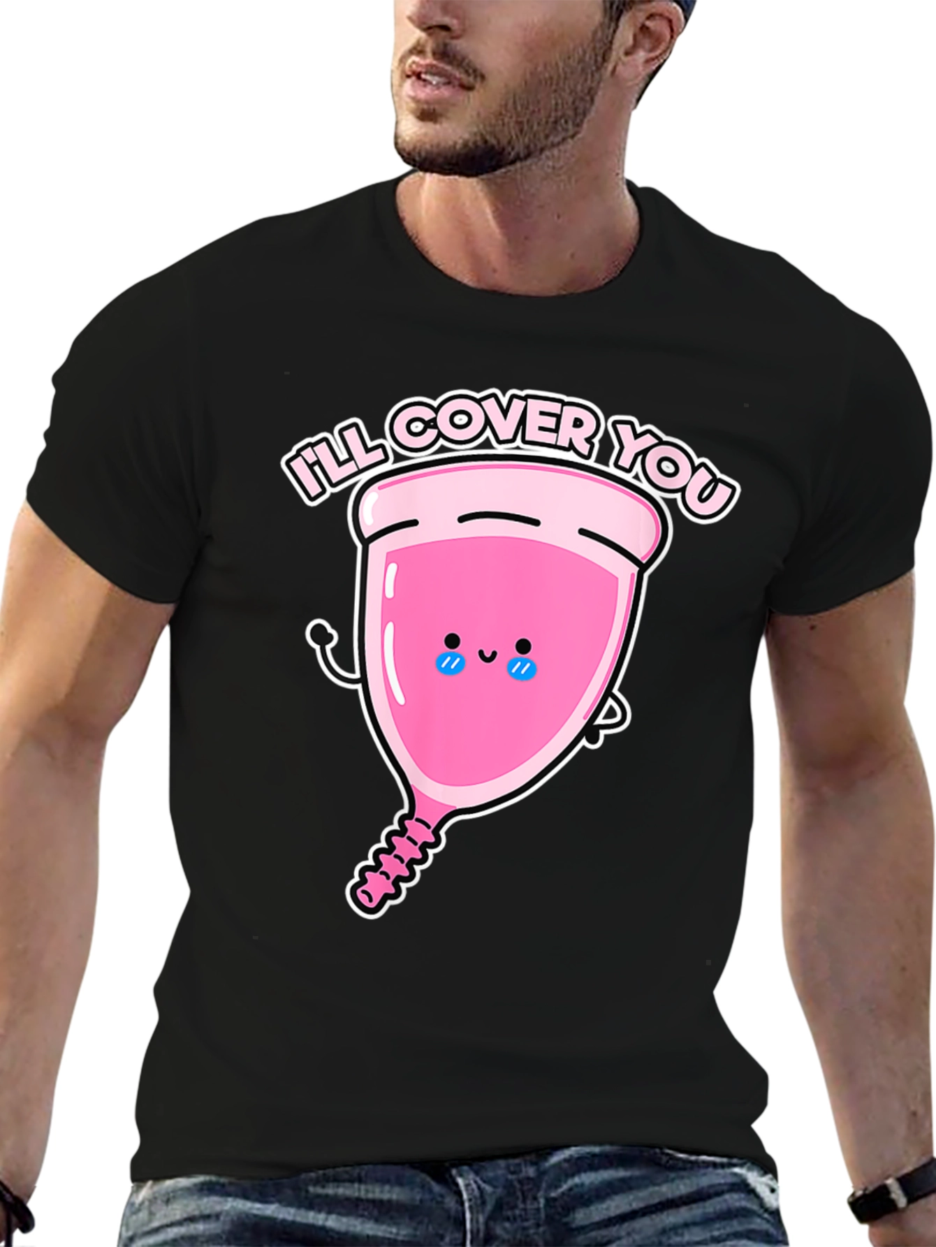 Black Men's 'I'll Cover You' Menstrual Cup Graphic Tee view 6