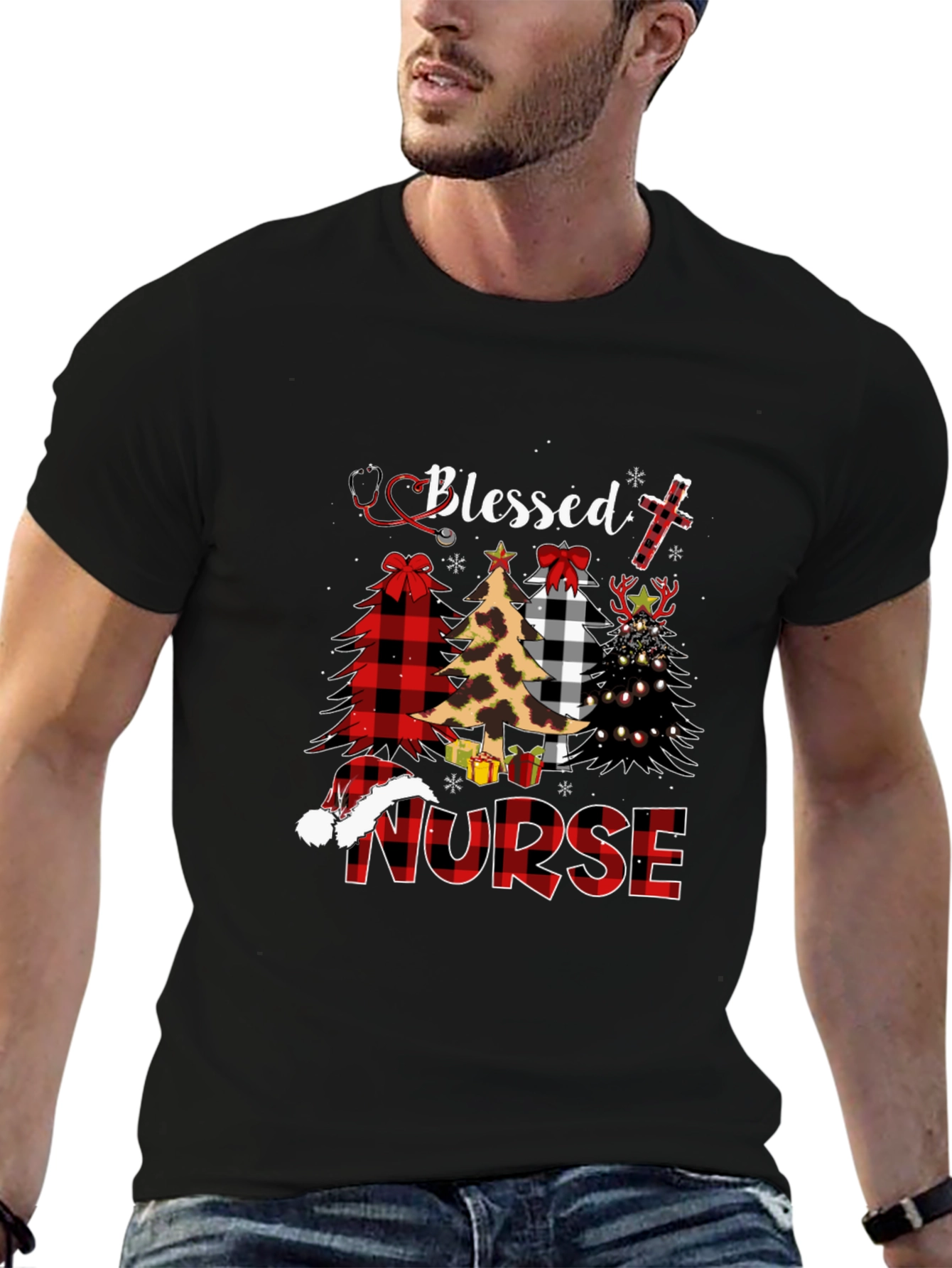 Black Blessed Nurse Christmas Tree Plaid T-Shirt view 6