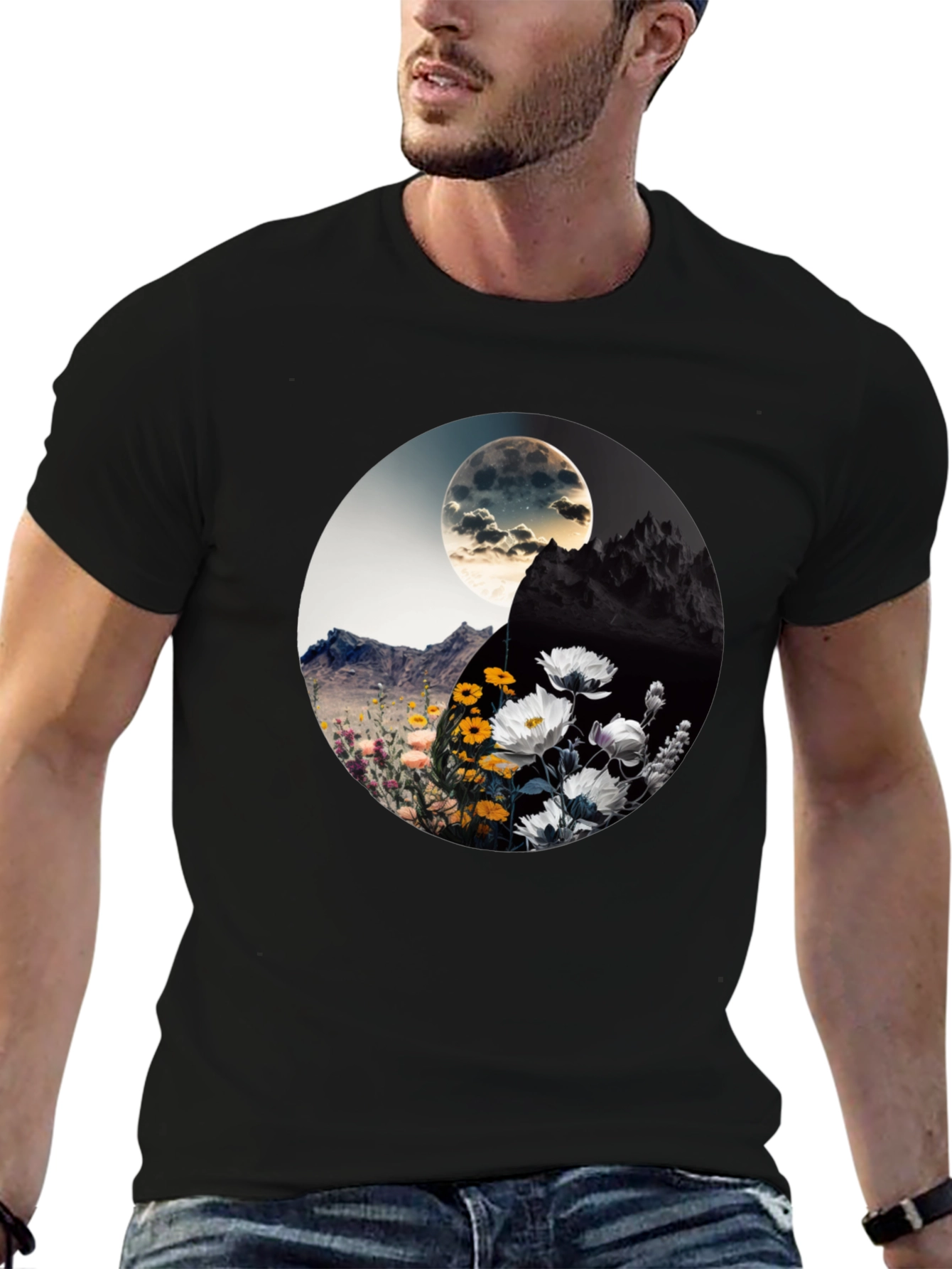 Black Yin Yang Floral Graphic Tee - Stylish Comfort view 6