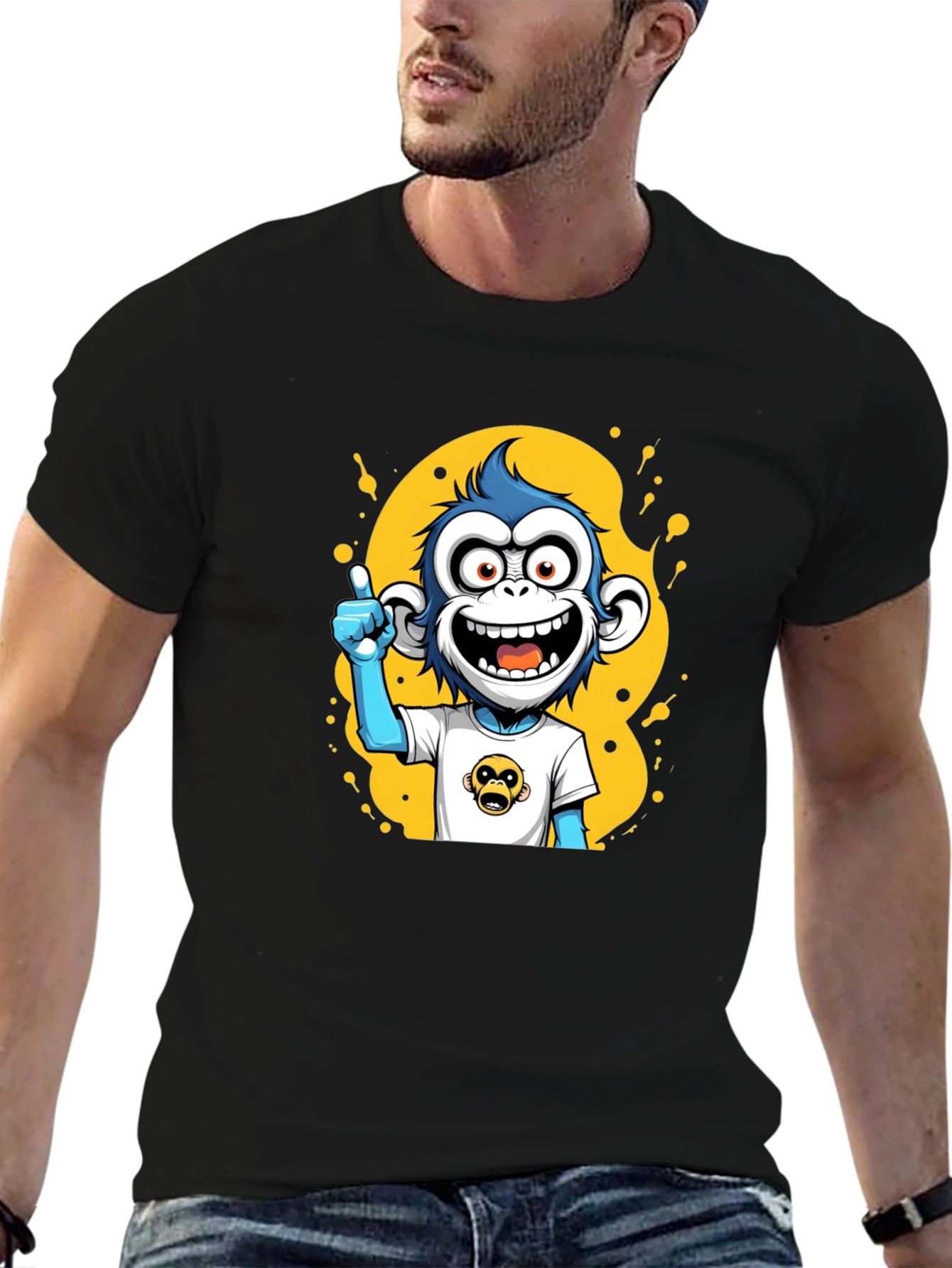 Black Cartoon Monkey Graphic Black T-Shirt view 6
