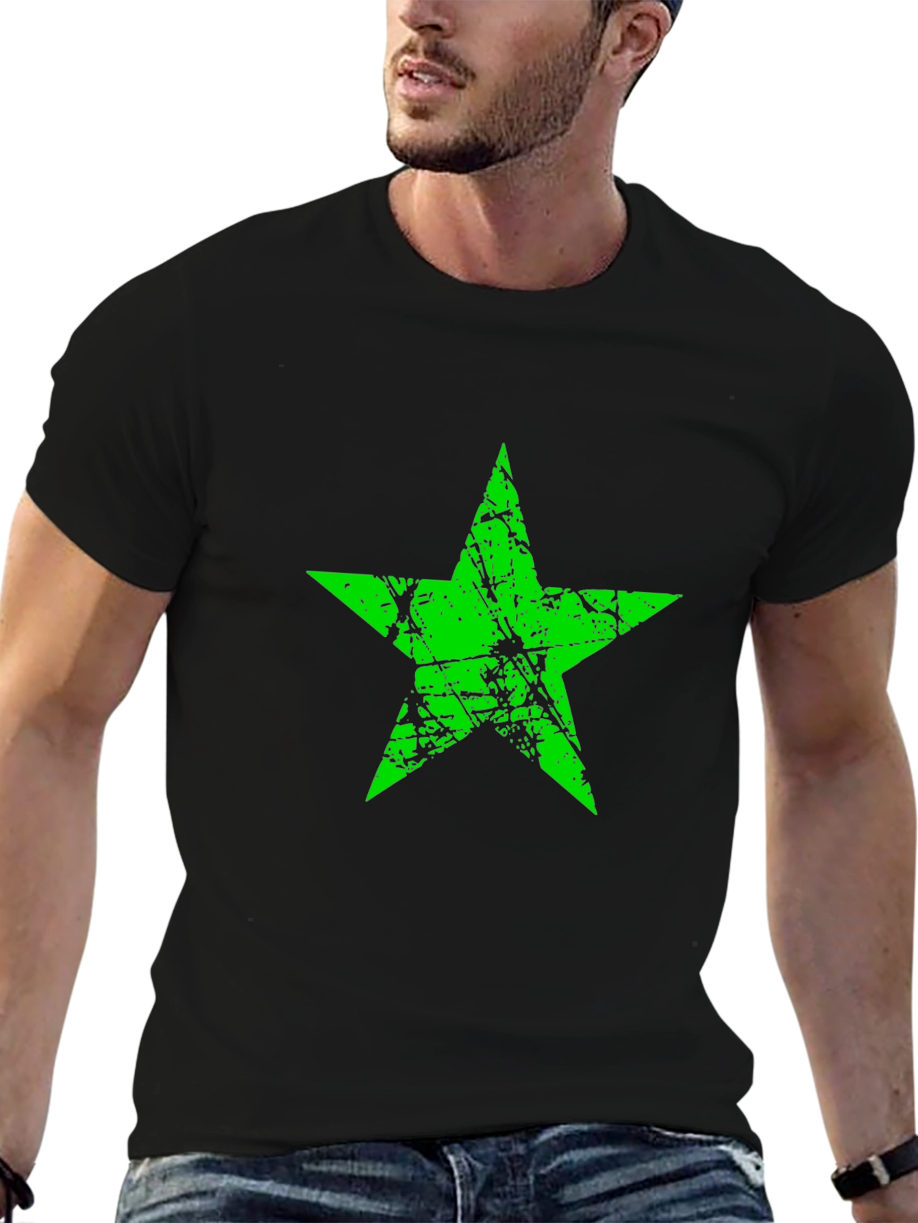 Black Grunge Green Star Graphic Black T-Shirt view 6