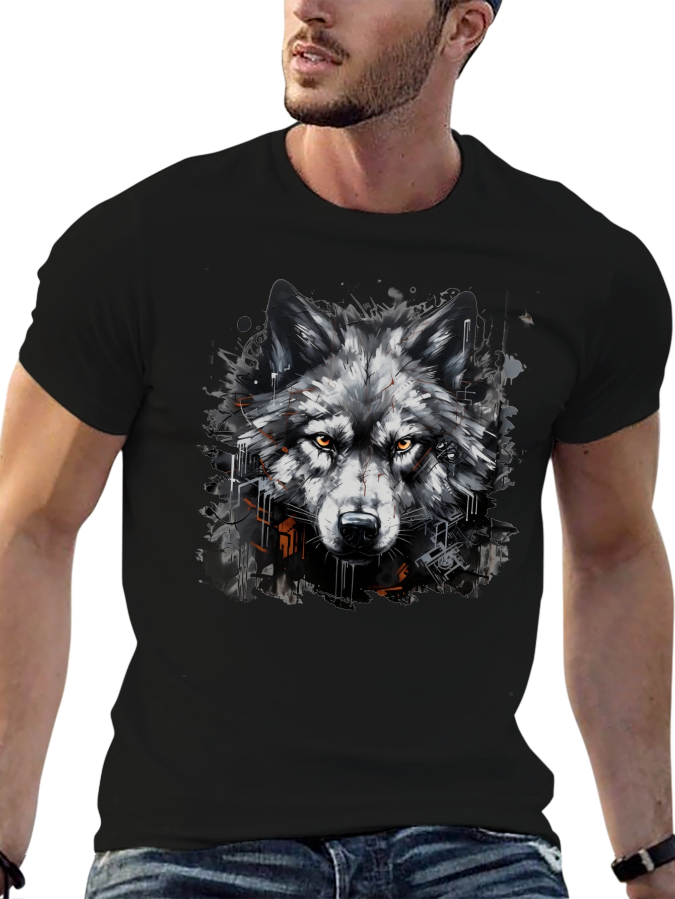 Black Wolf Graphic Print Black T-Shirt view 6