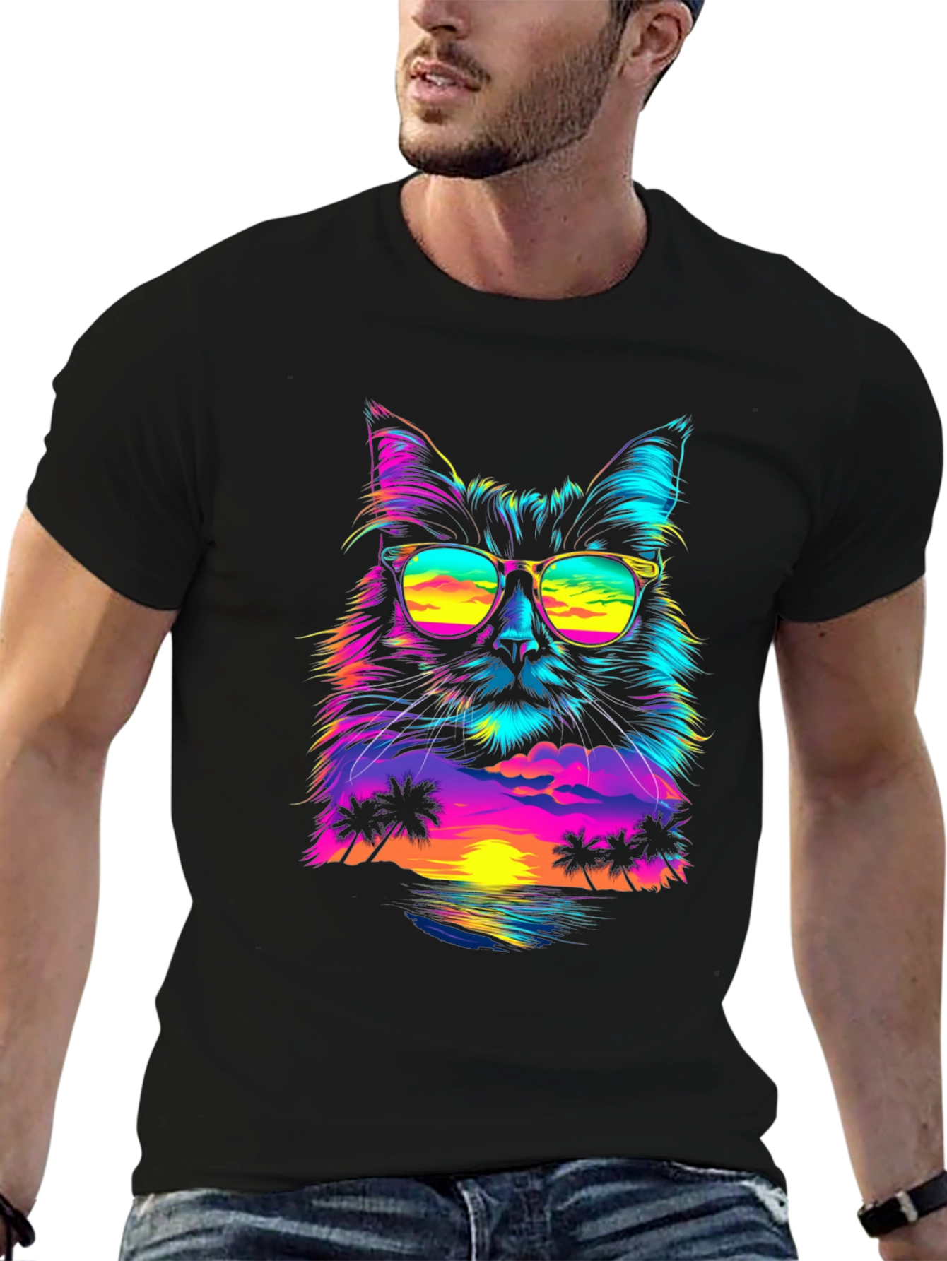 Black Retro Sunset Cat T-Shirt - Vibrant Graphic Tee view 6