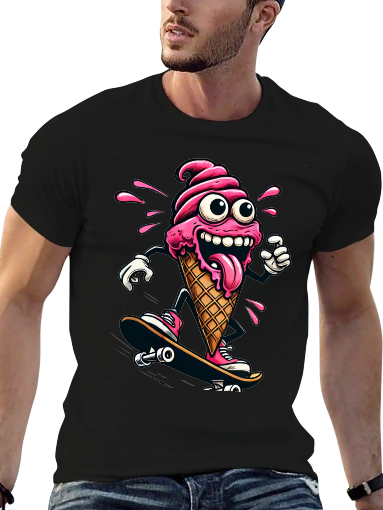Black Skateboarding Ice Cream T-Shirt - Funny Cartoon Tee view 6