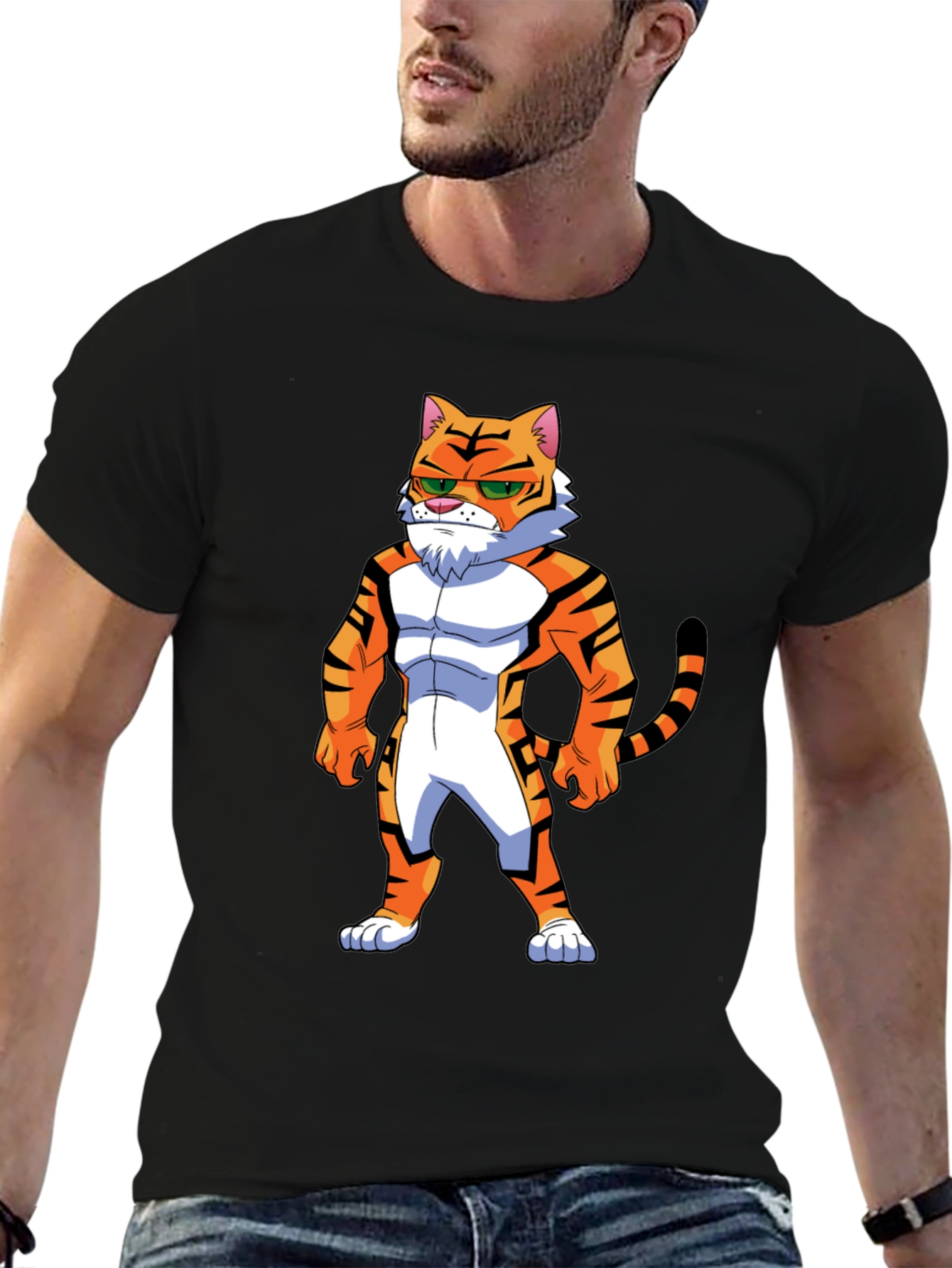 Black Men's Black T-Shirt with Cartoon Tiger Graphic view 6