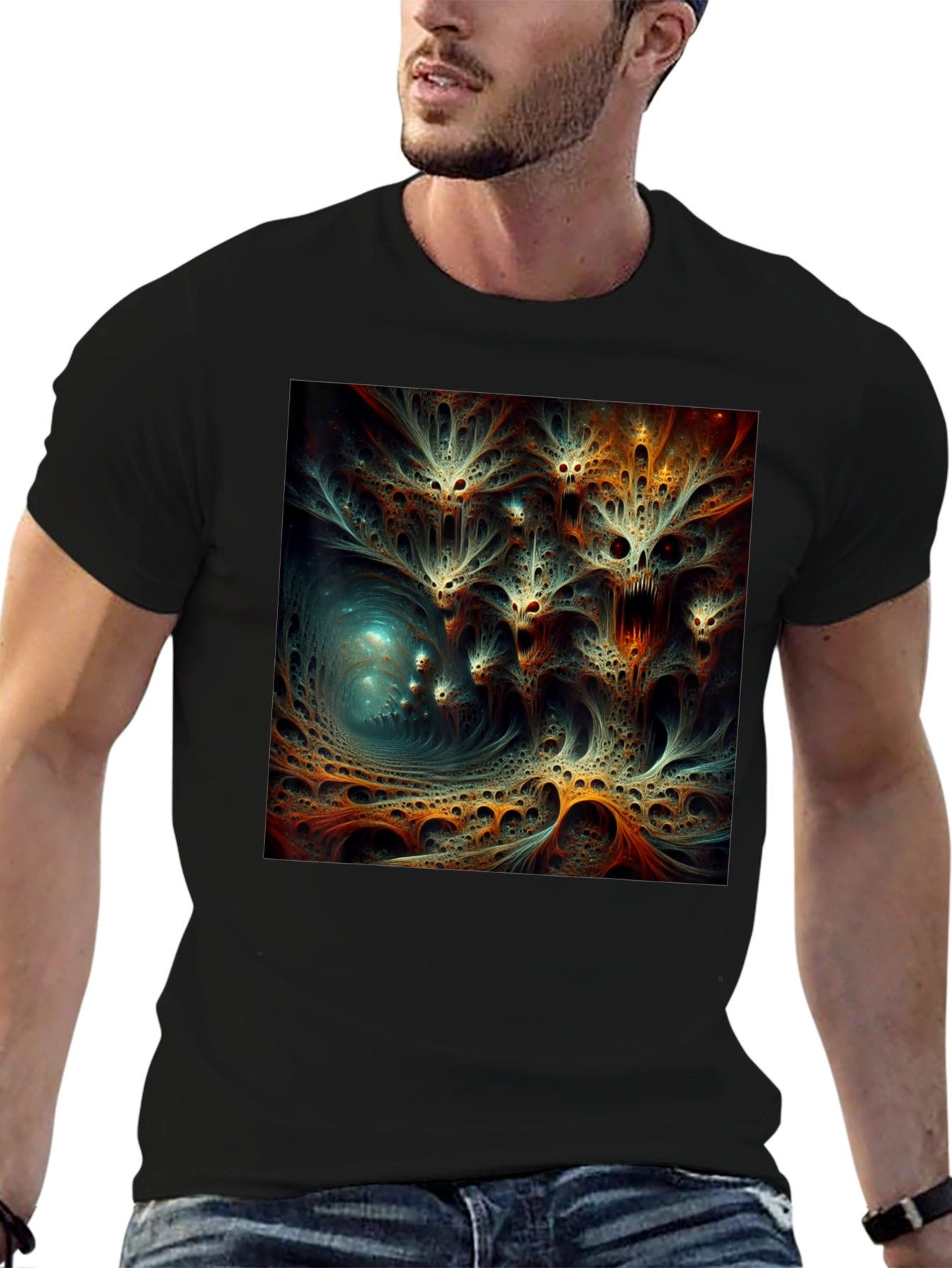 Black Abstract Fractal Design Black T-Shirt view 6