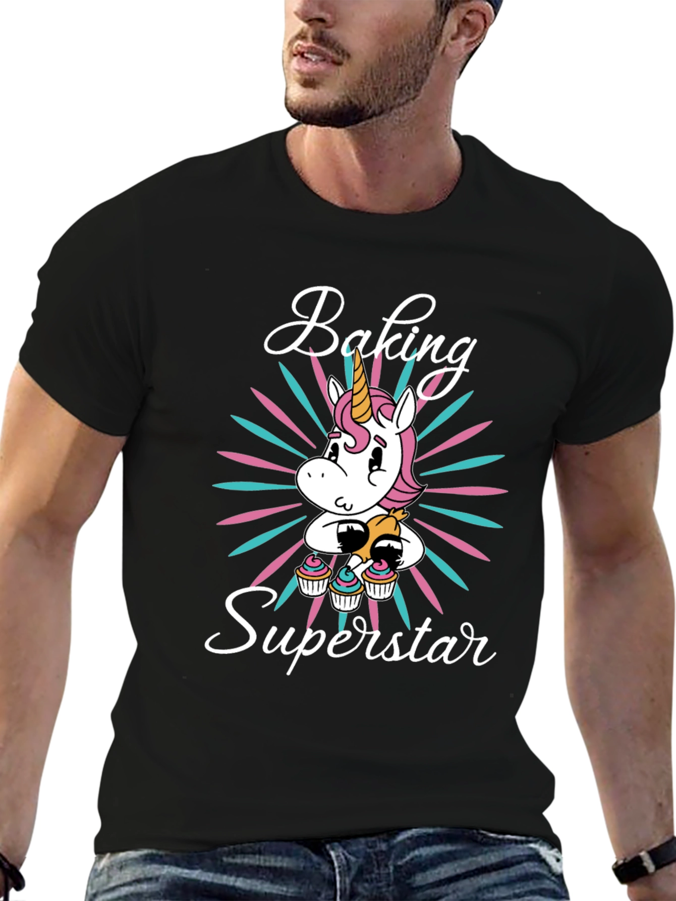 Black Baking Superstar Unicorn Graphic T-Shirt view 6