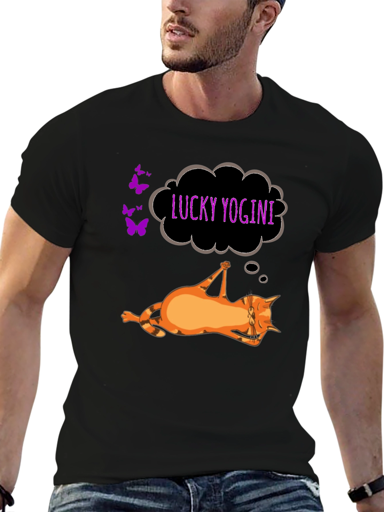 Black Lucky Yogini Cat Black T-Shirt view 6
