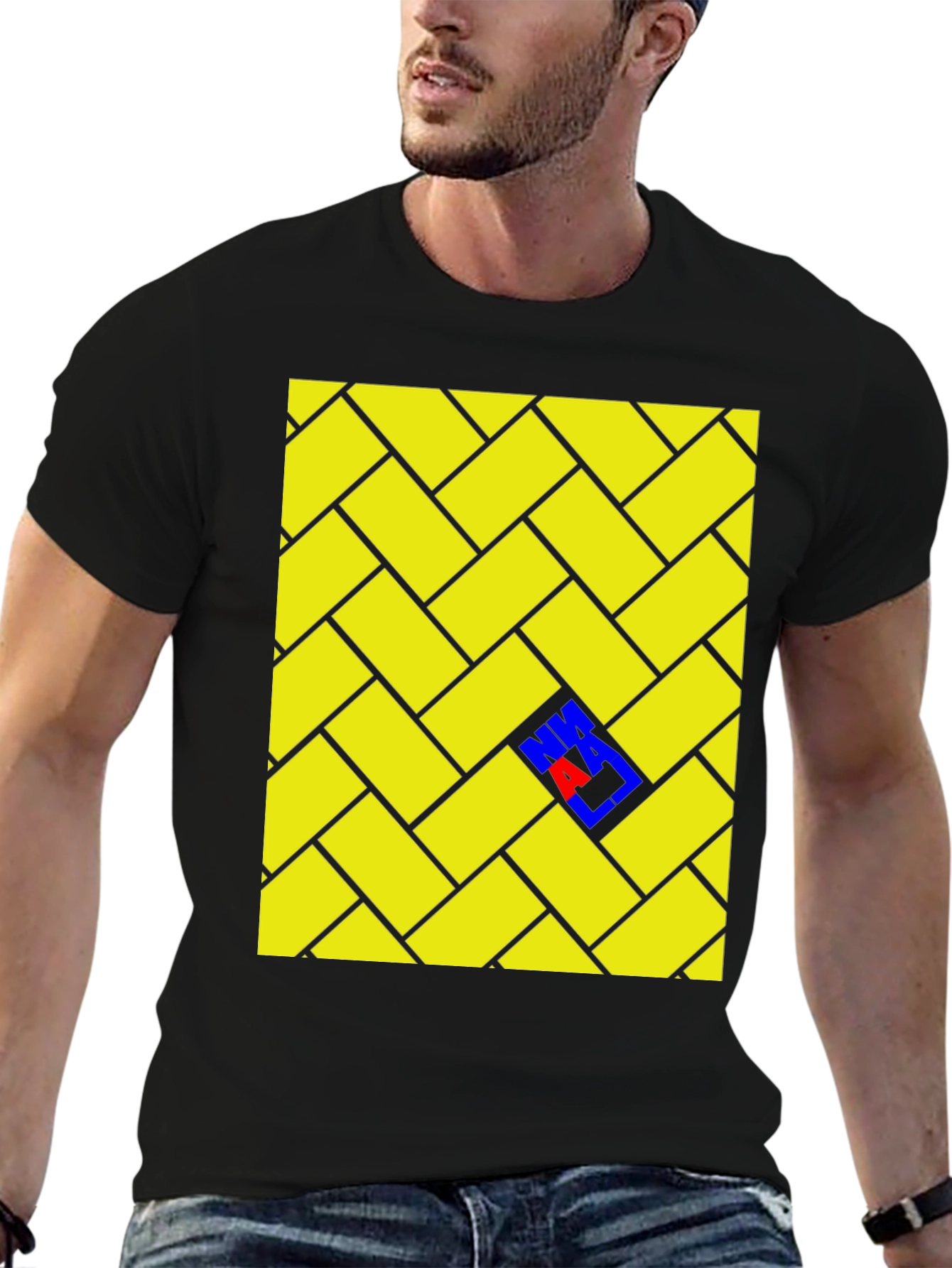 Black Herringbone Patterned T-Shirt with Color Accent view 6