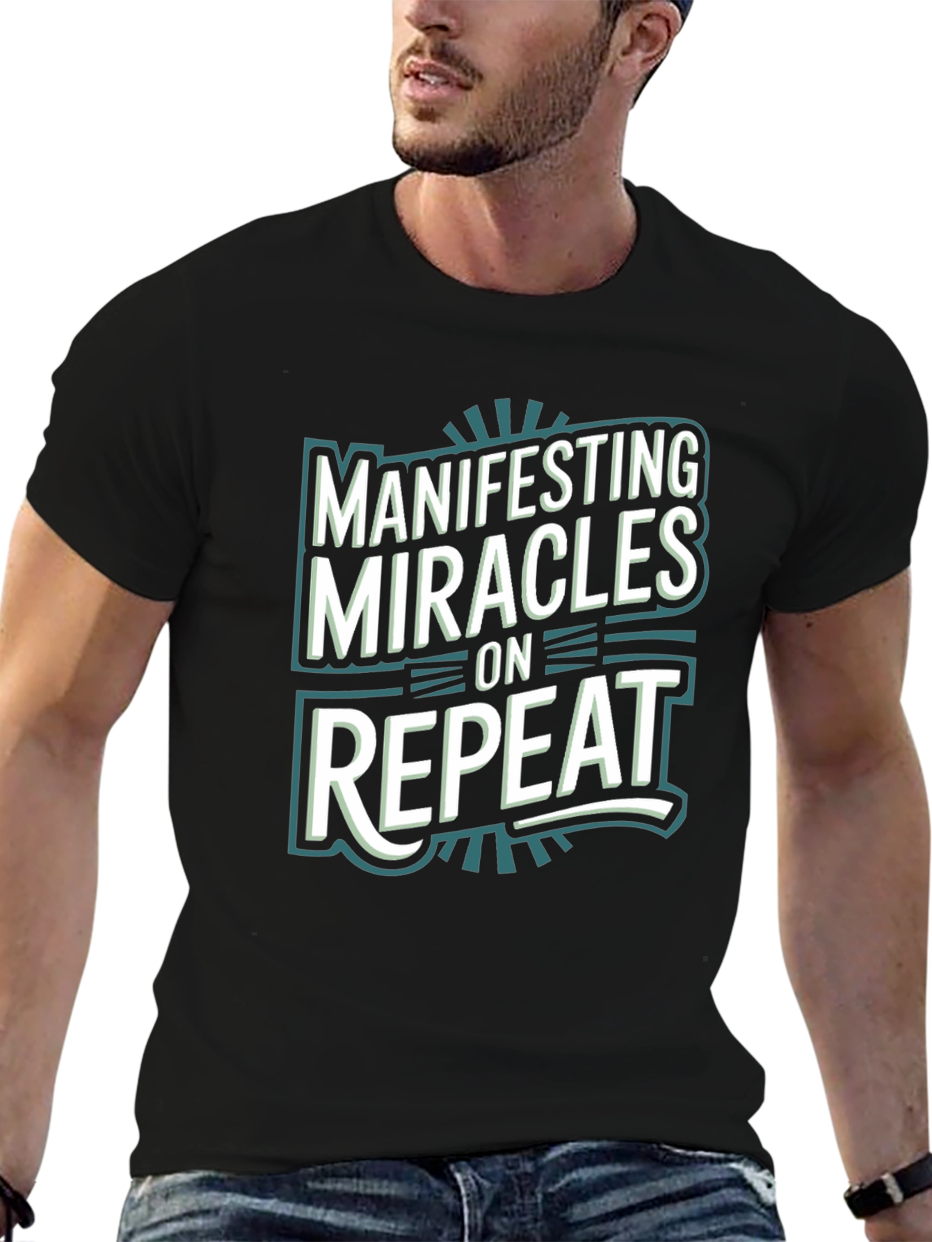 Black Manifesting Miracles On Repeat Black Graphic Tee view 6