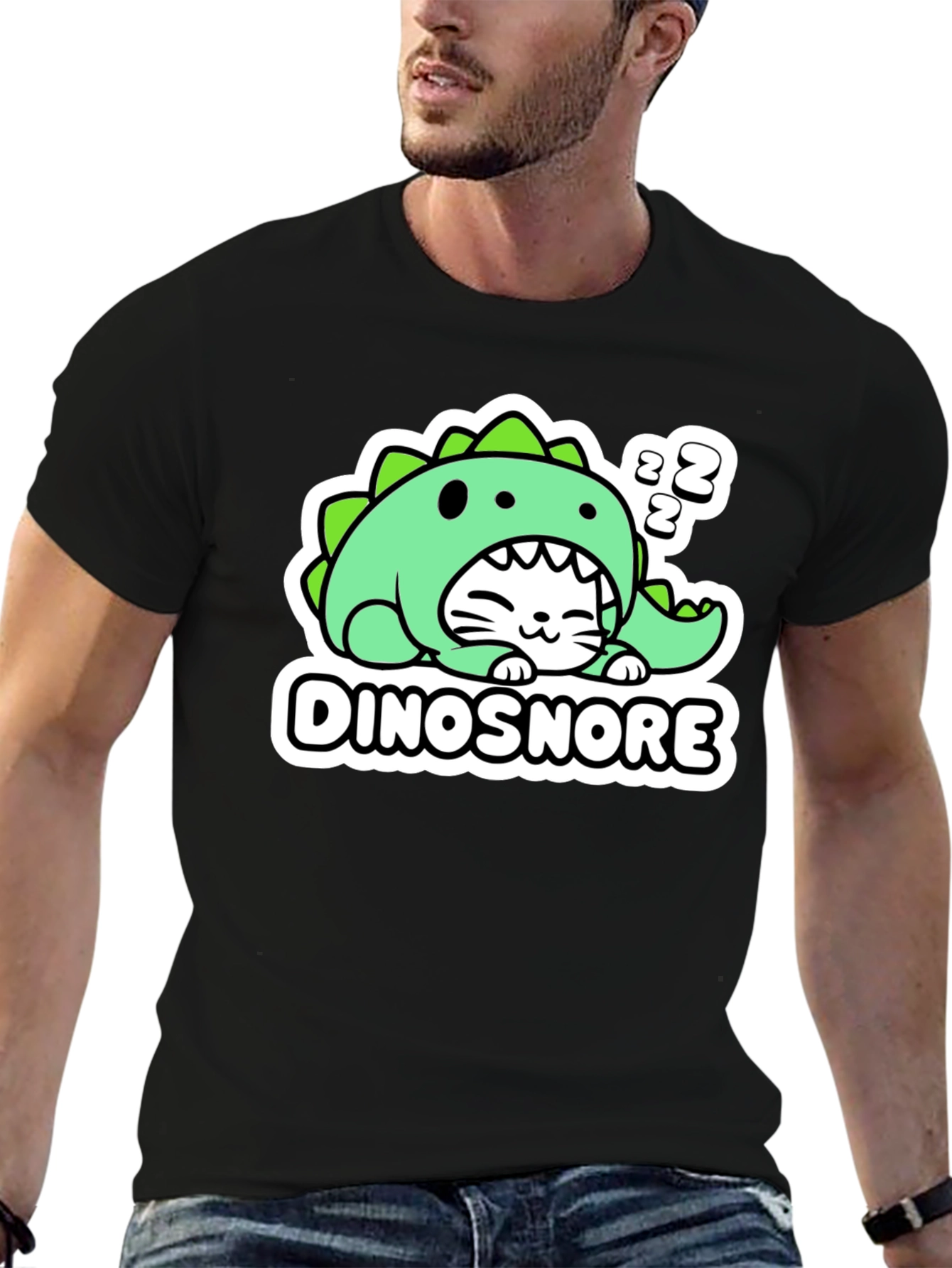 Black Dinosnore Cat T-Shirt - Funny Sleeping Dinosaur Tee view 6