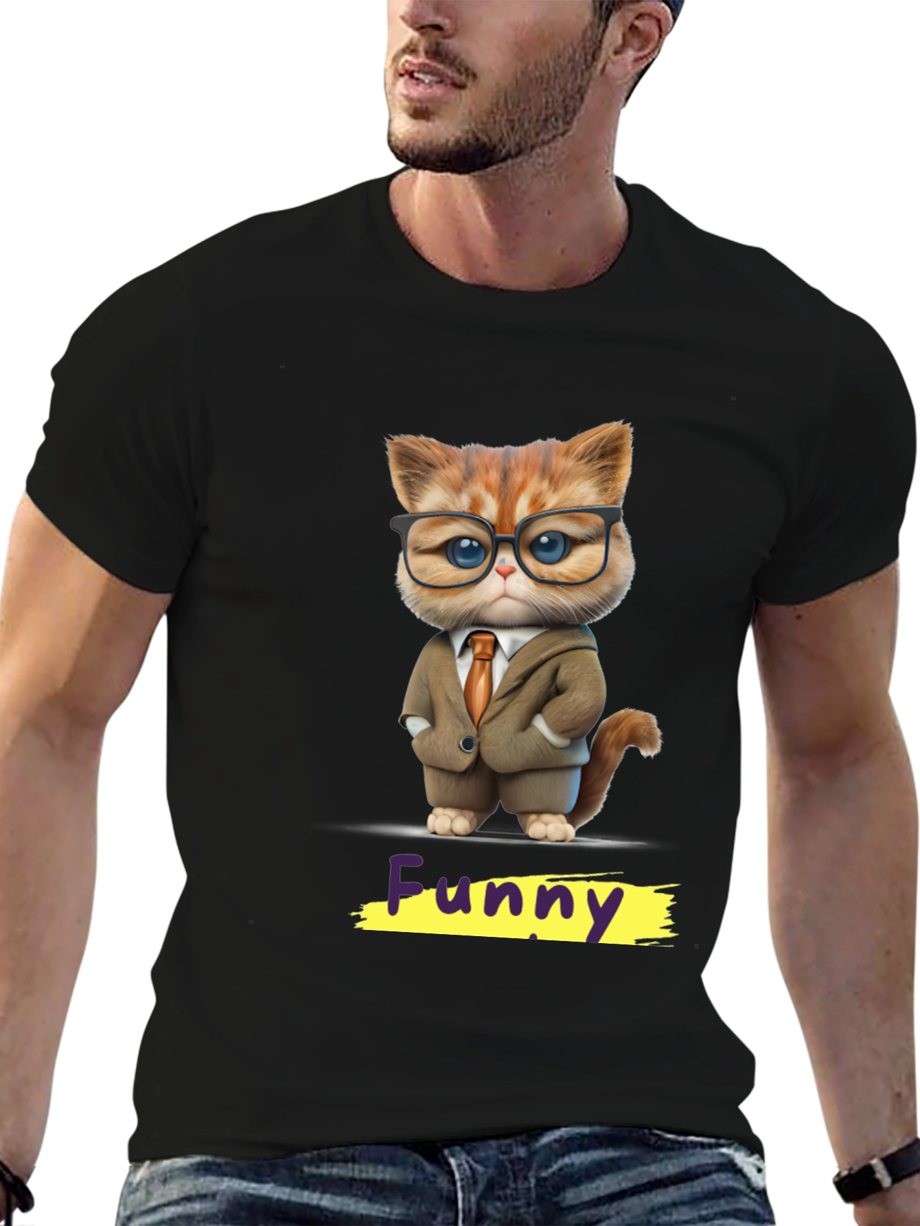 Black Funny Cat in Suit Graphic Tee view 6