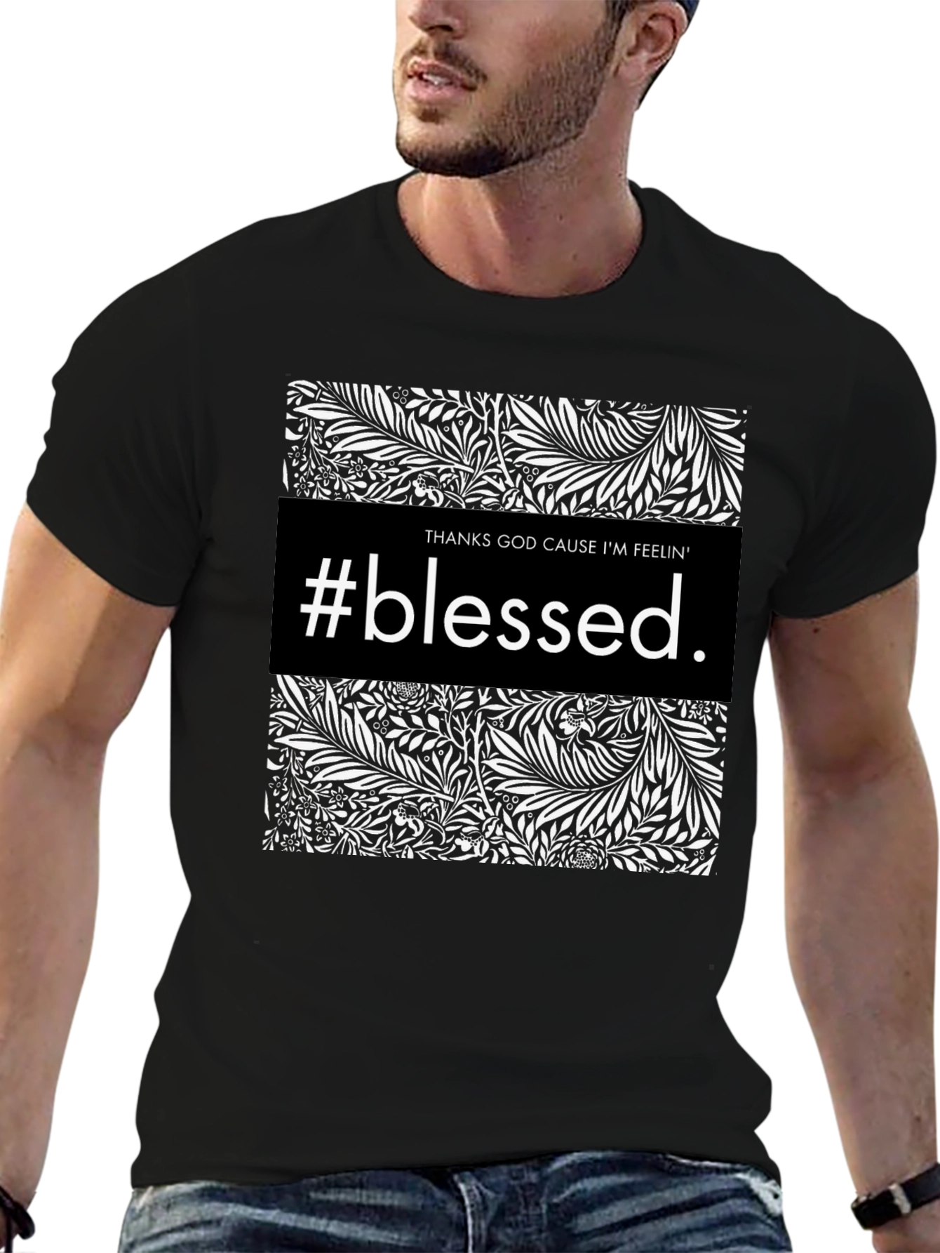 Black #Blessed Graphic Print Black Crewneck T-Shirt view 6