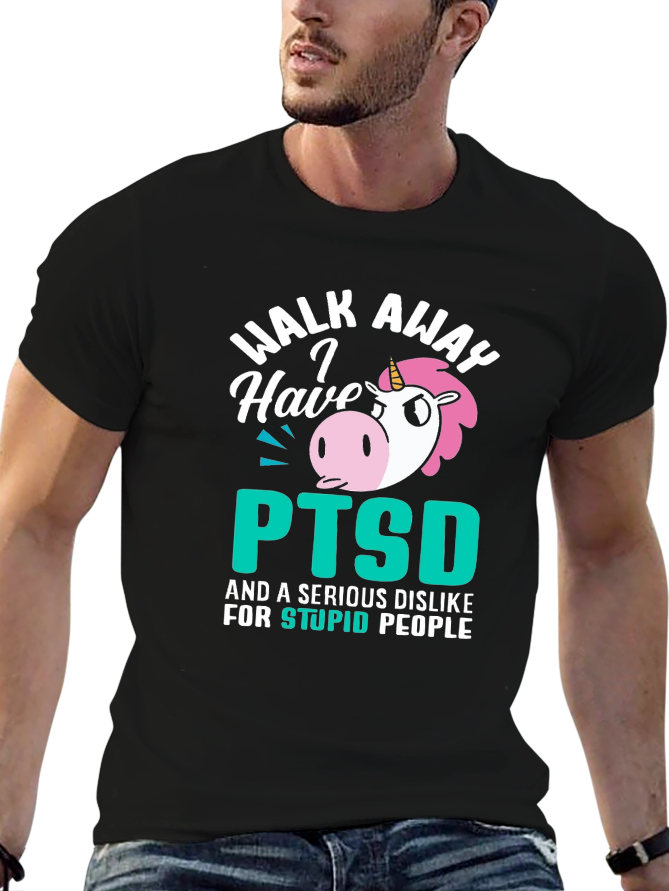 Black Walk Away PTSD Unicorn Graphic T-Shirt view 6