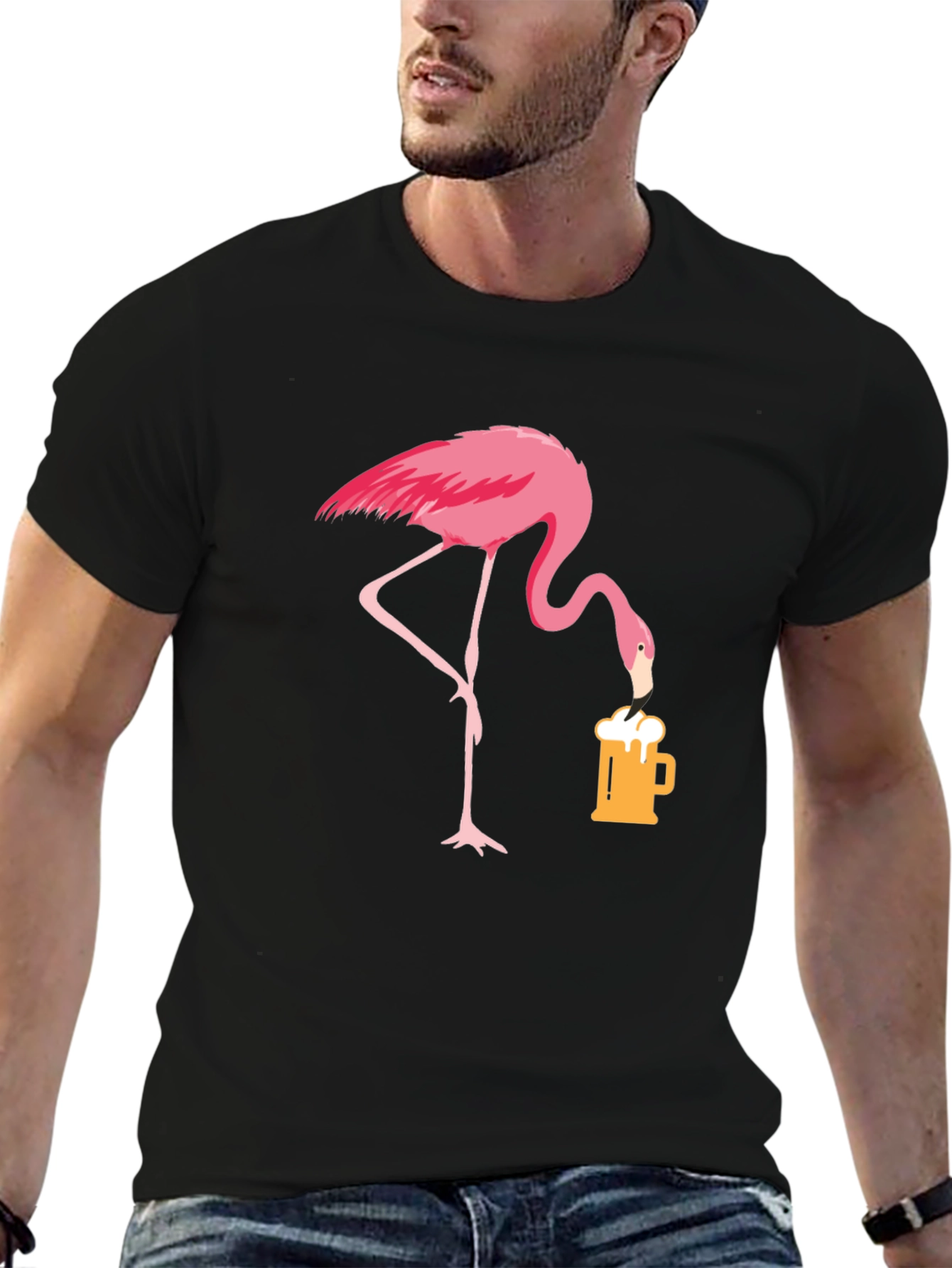 Black Flamingo Beer Lover T-Shirt - Casual Graphic Tee view 6