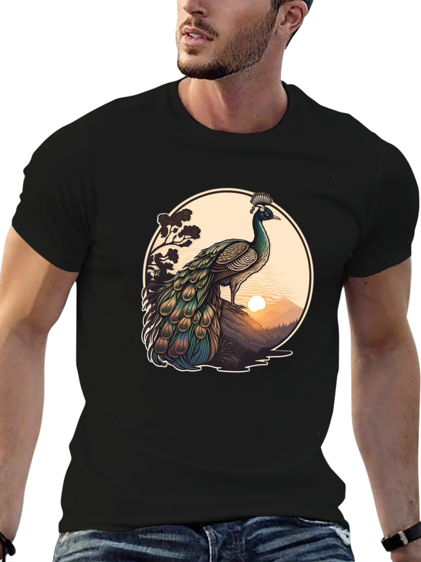 Black Peacock Graphic Tee - Nature Inspired Design view 6