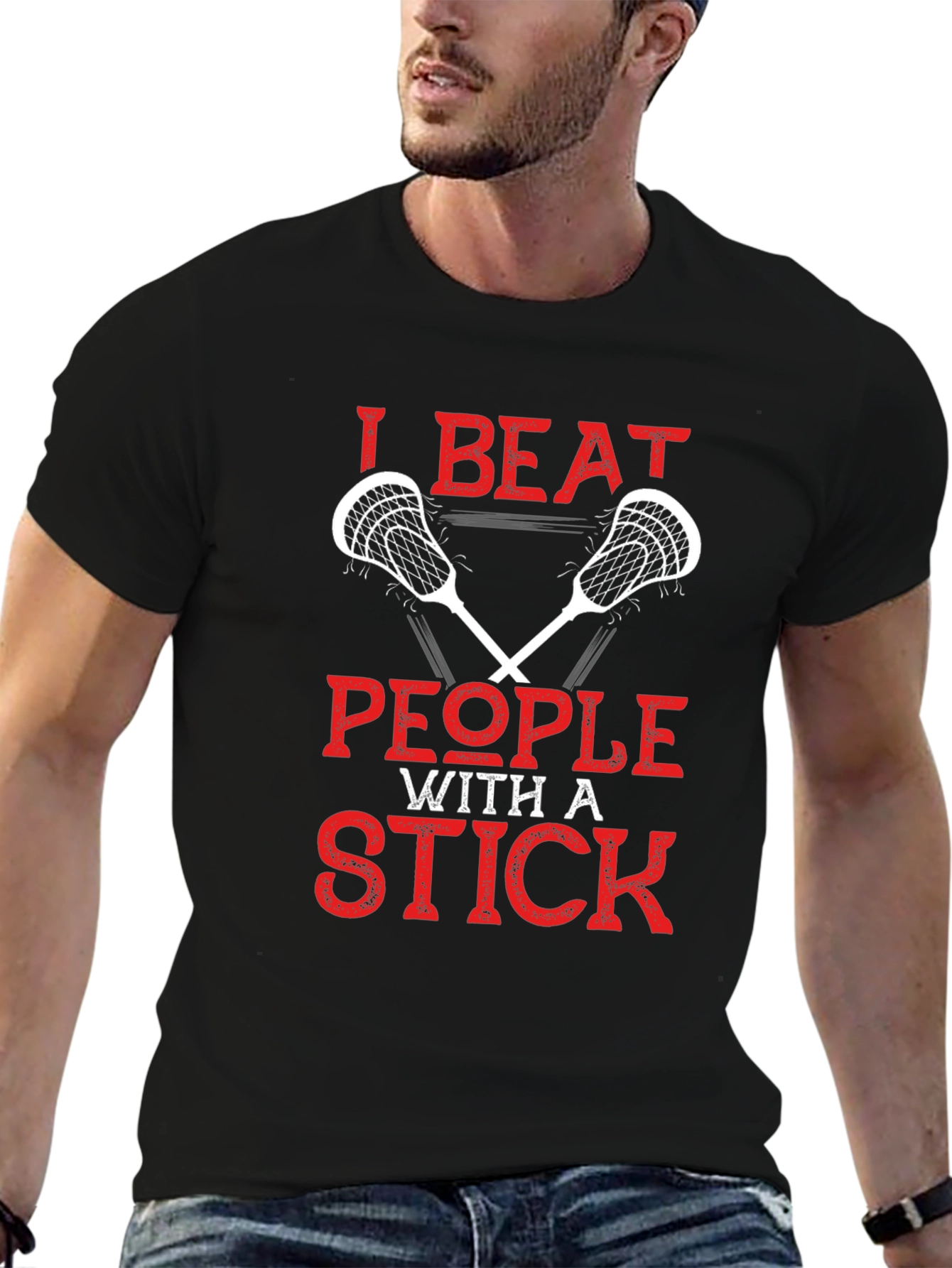 Black I Beat People With a Stick Lacrosse T-Shirt view 6