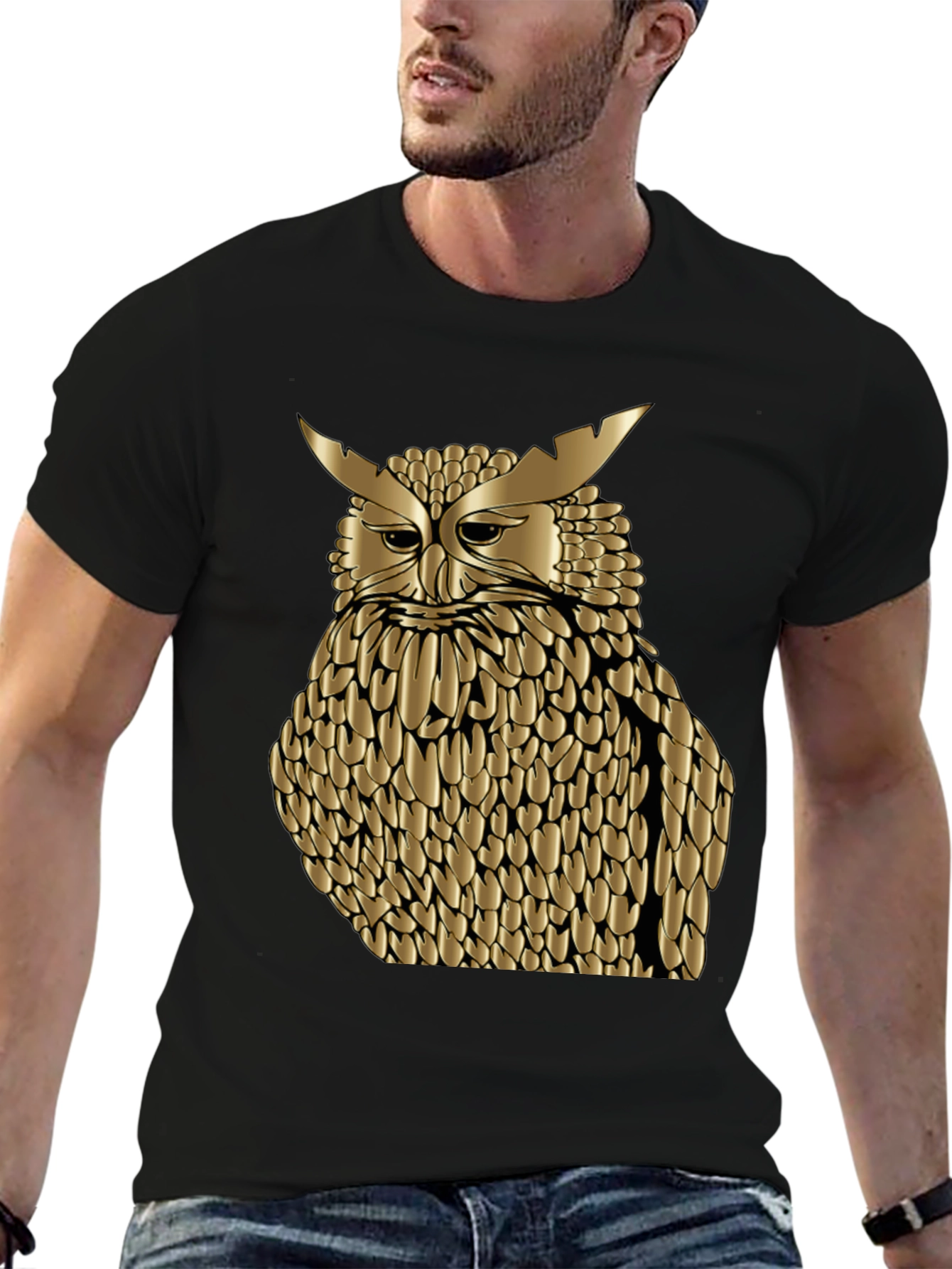 Black Golden Owl Graphic Tee - Black Cotton Blend Shirt view 6
