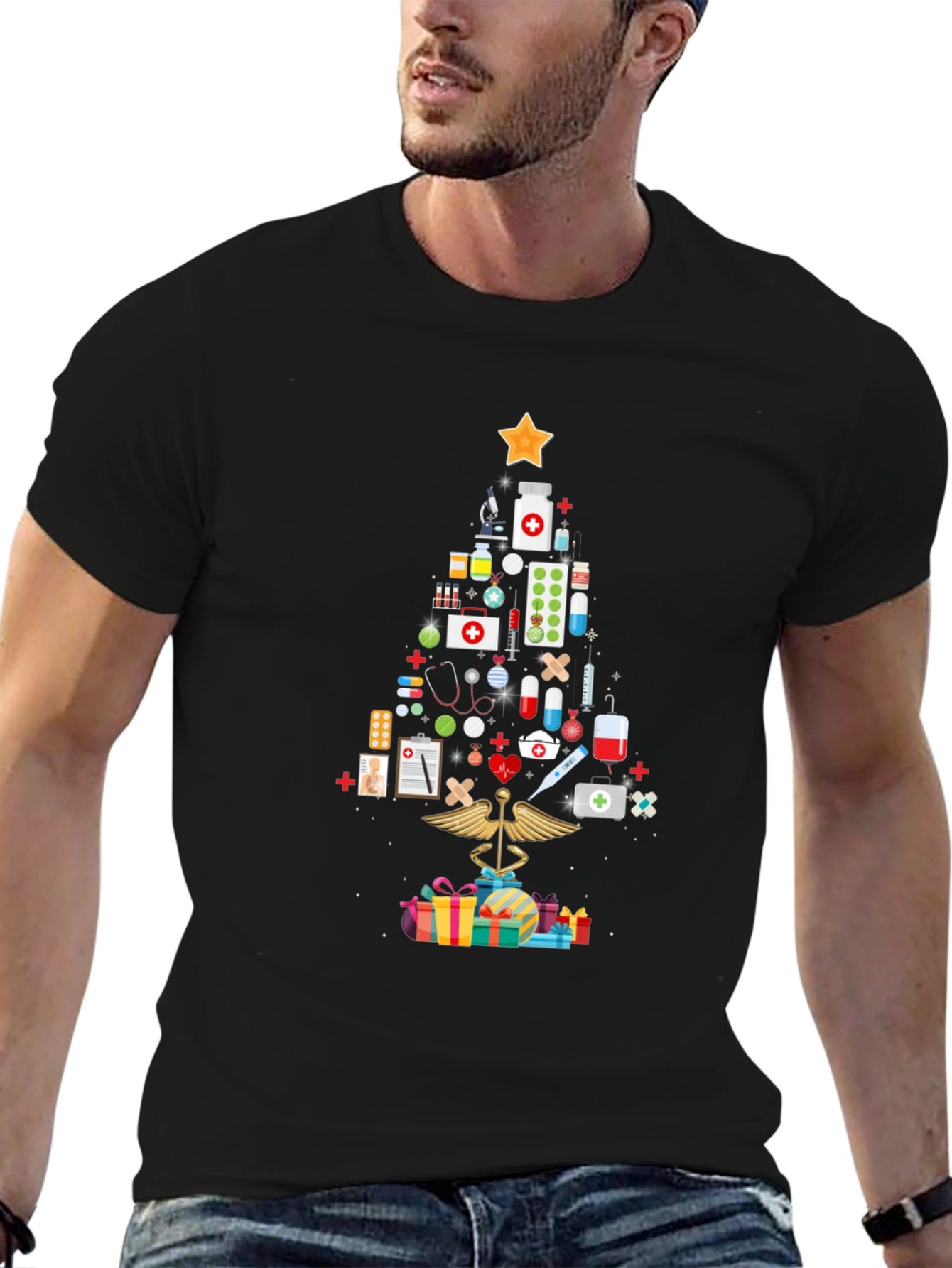 Black Medical Christmas Tree T-Shirt view 6
